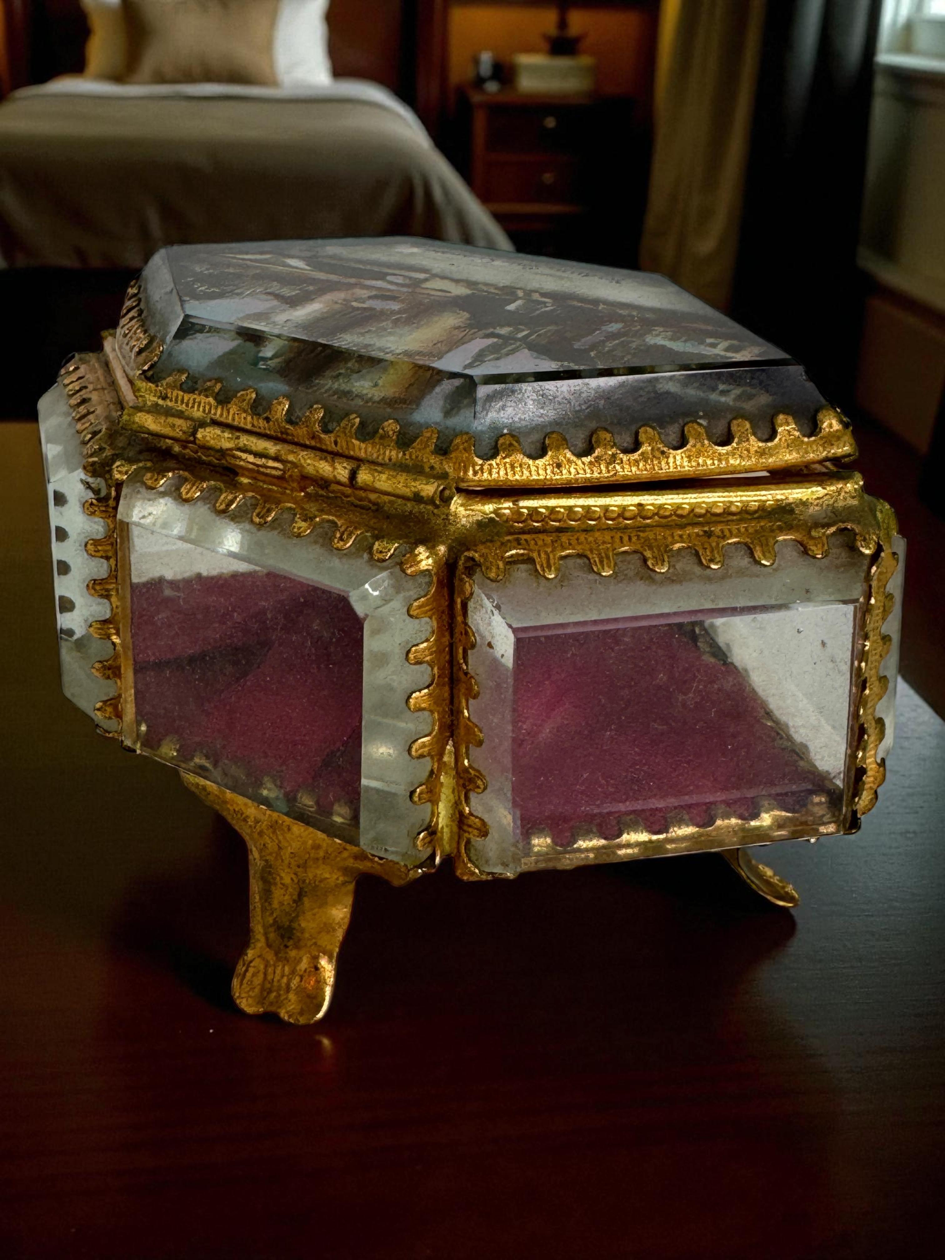 Antiguo Joyero Ormolu Cofre Souvenir Cristal Biselado Grand Tour Francia 1900 en venta 10