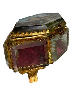 Boîte à bijoux ancienne en bronze doré Coffret souvenir Verre biseauté Grand Tour France 1900