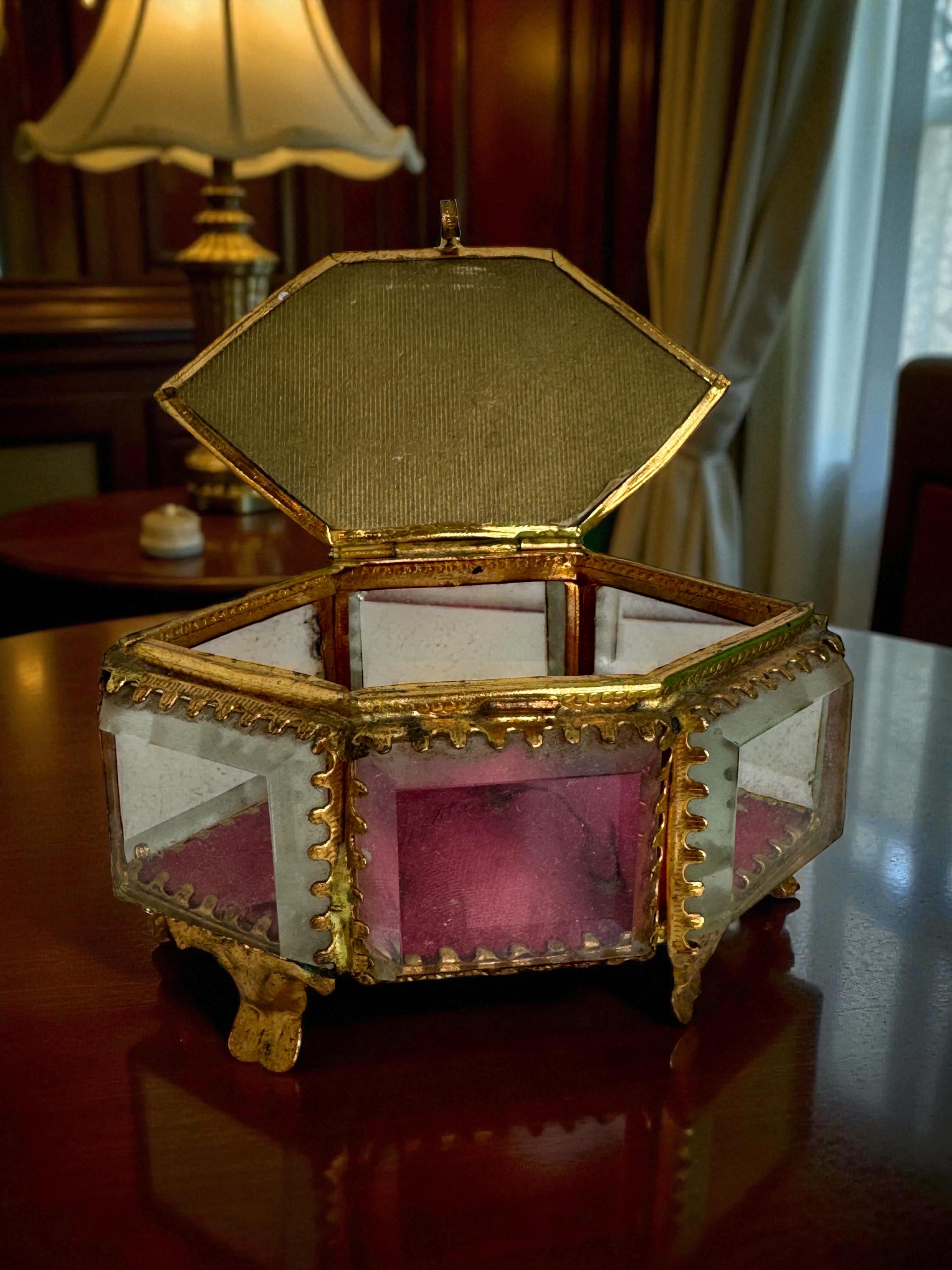 Antiguo Joyero Ormolu Cofre Souvenir Cristal Biselado Grand Tour Francia 1900 en venta 14