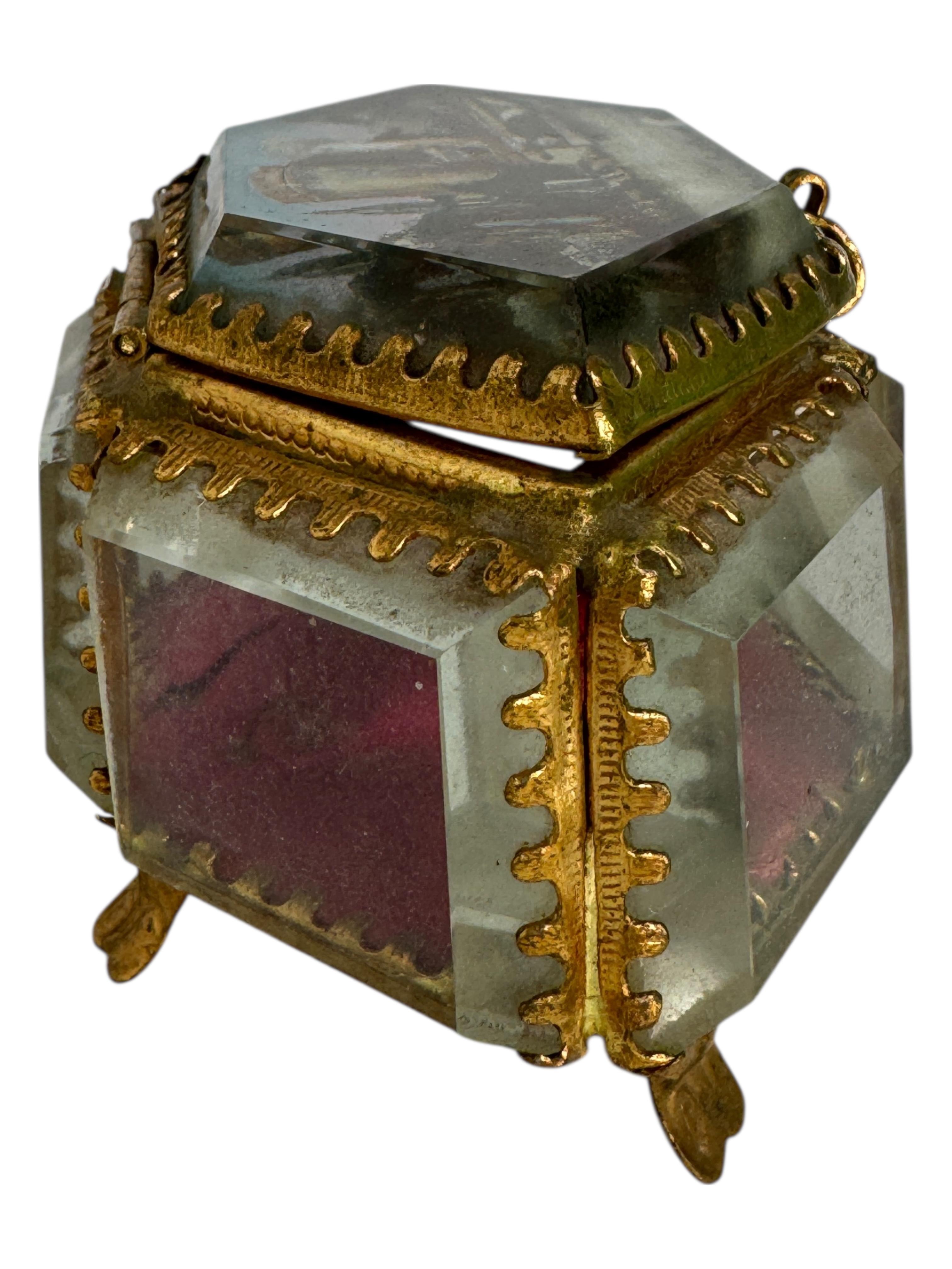 Antiguo Joyero Ormolu Cofre Souvenir Cristal Biselado Grand Tour Francia 1900 Belle Époque en venta