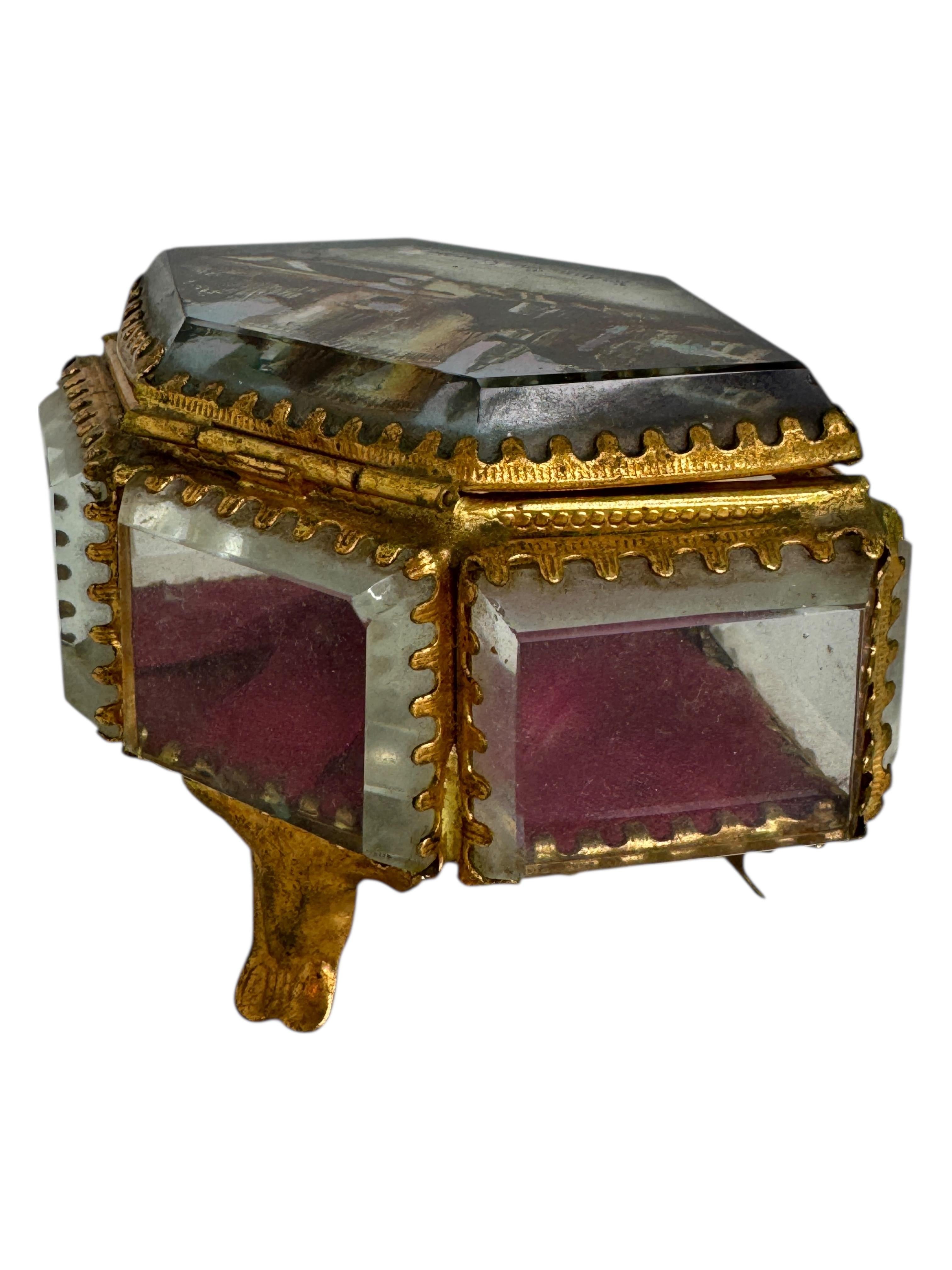 Antiguo Joyero Ormolu Cofre Souvenir Cristal Biselado Grand Tour Francia 1900 principios del siglo XX en venta