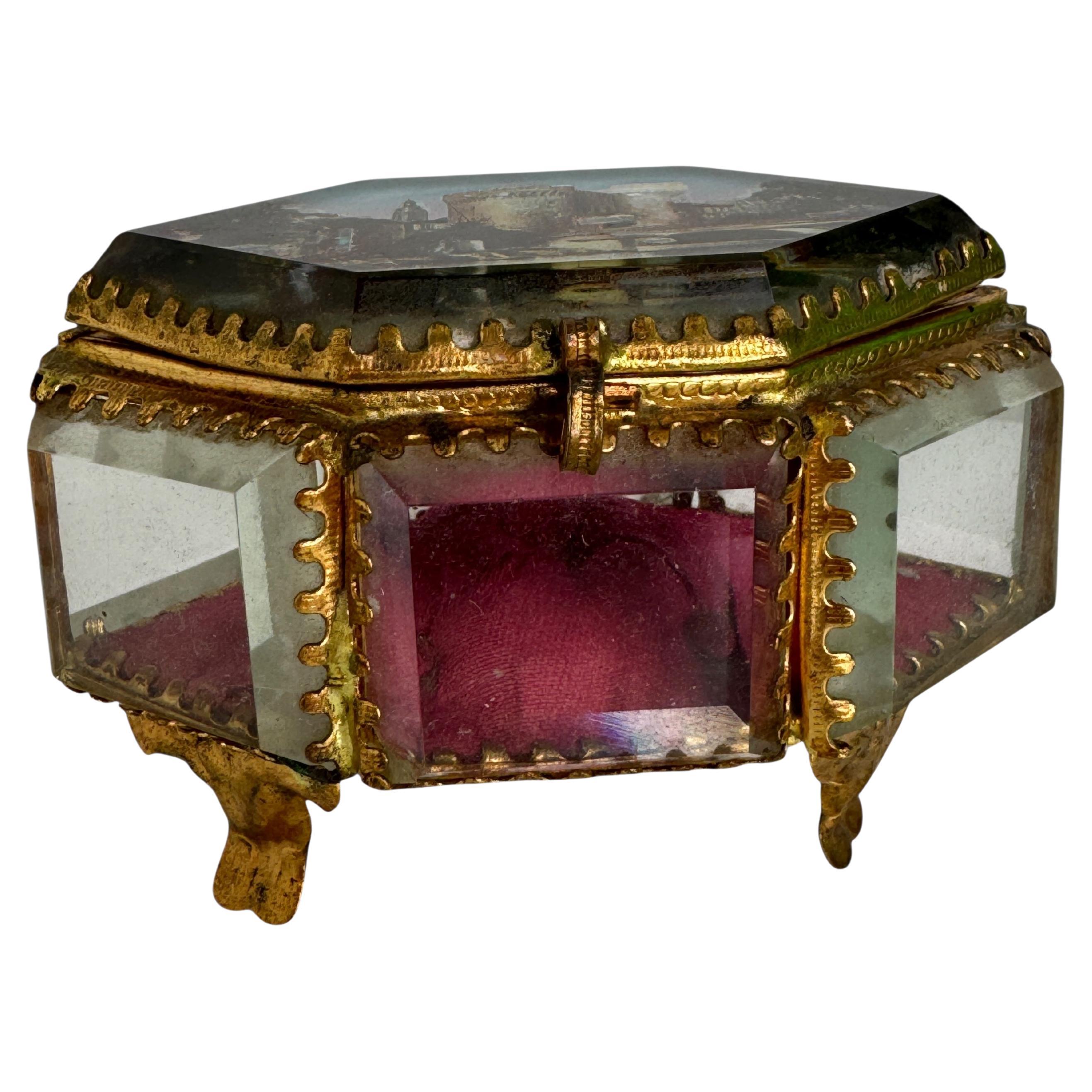 Antique Ormolu Jewelry Box Souvenir Casket Bevelled Glass Grand Tour France 1900