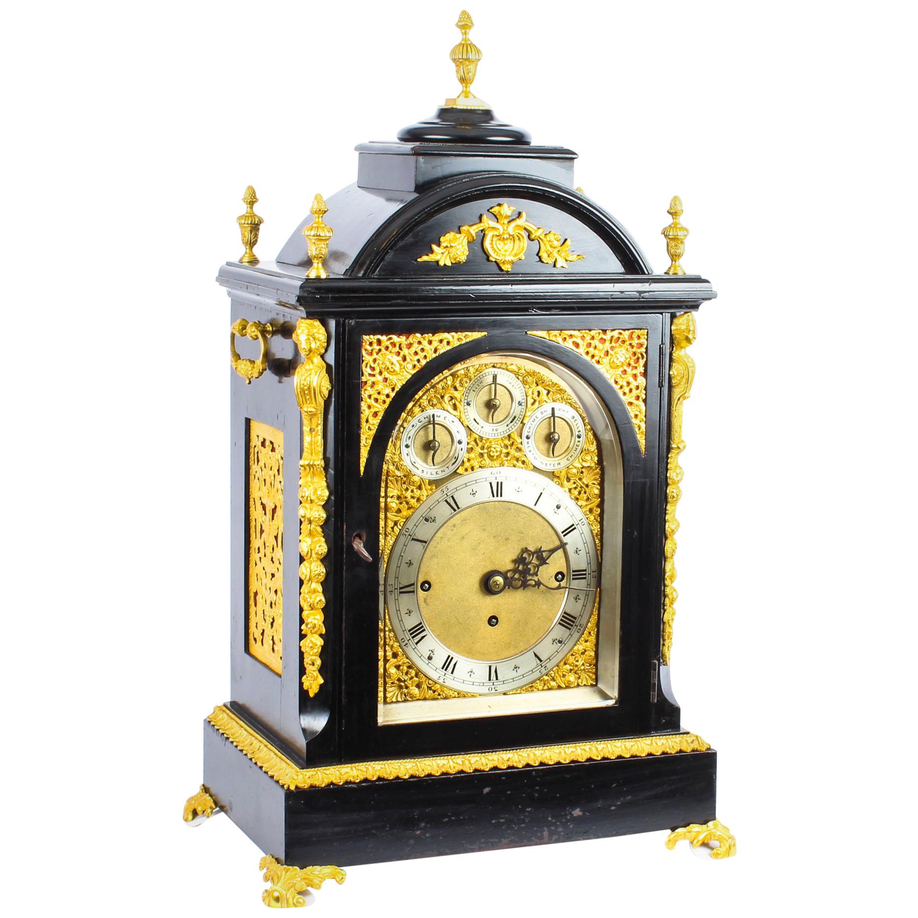 Antique Ormolu-Mounted Ebonized Gilt Bronze Chiming Bracket Clock, 19th Century