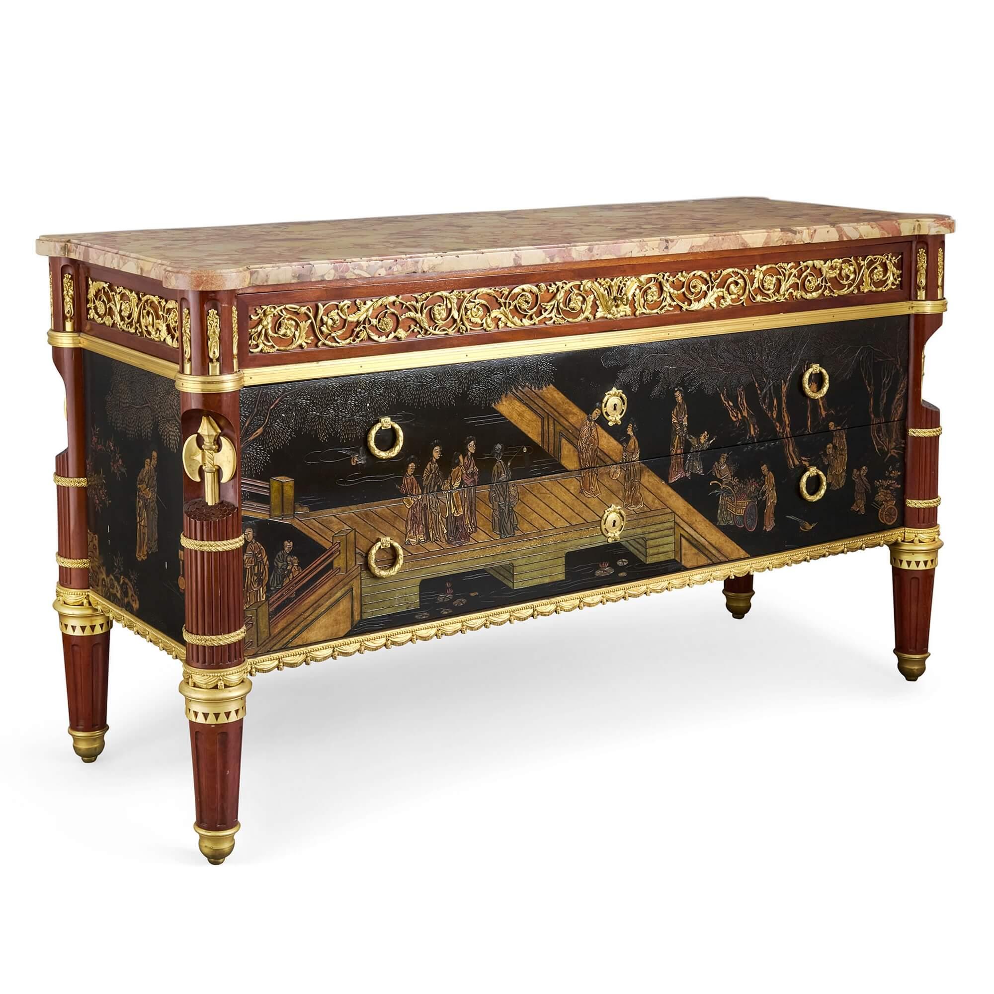 Antique ormolu mounted mahogany and Chinese lacquer commode by Maison Forest
French, Late 19th Century 
Height 95cm, width 166.5cm, depth 61cm

Crafted in late 19th century France by Maison Forest (founded in 1883), a Parisian firm renowned for the