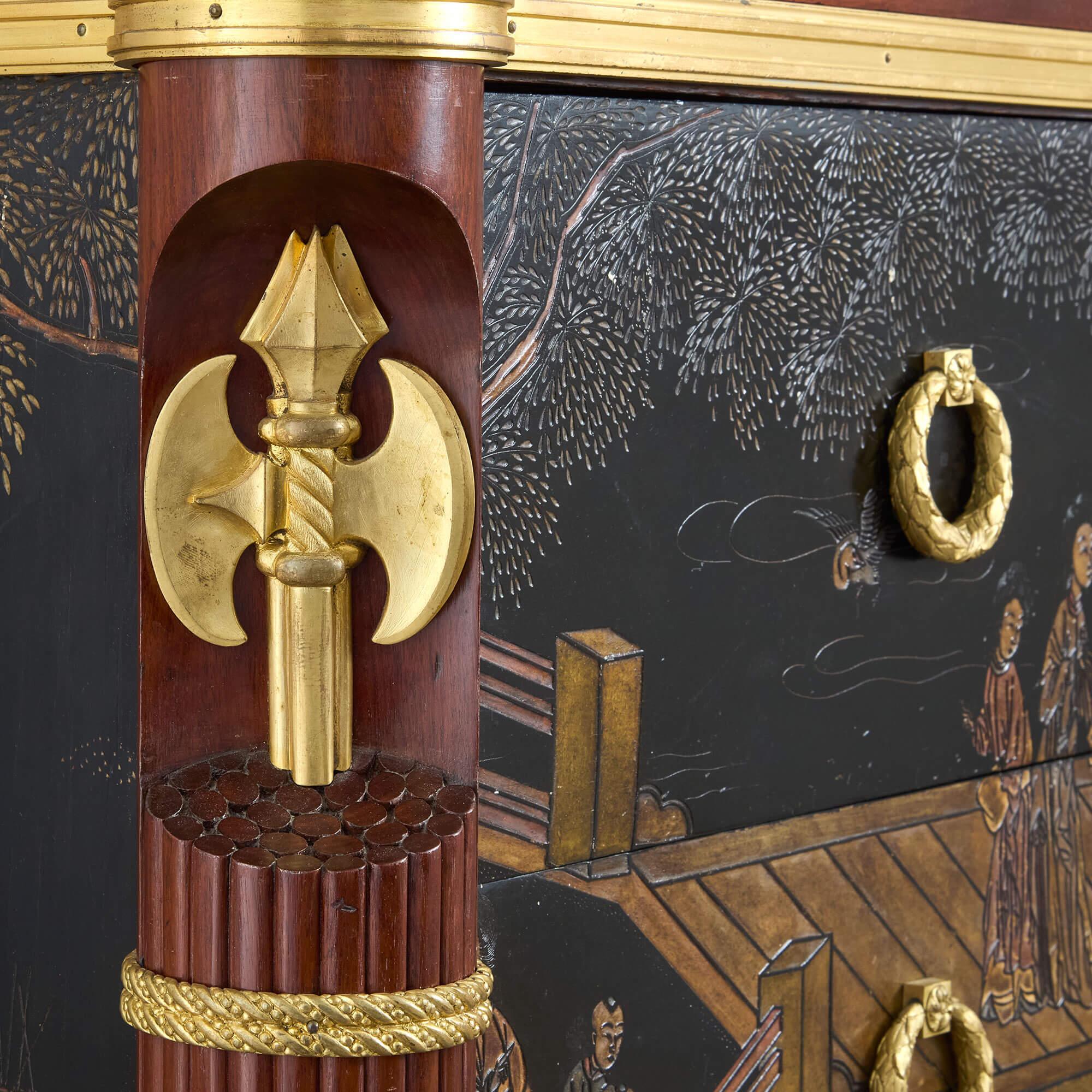 Antique Ormolu Mounted Mahogany and Chinese Lacquer Commode by Maison Forest In Good Condition For Sale In London, GB