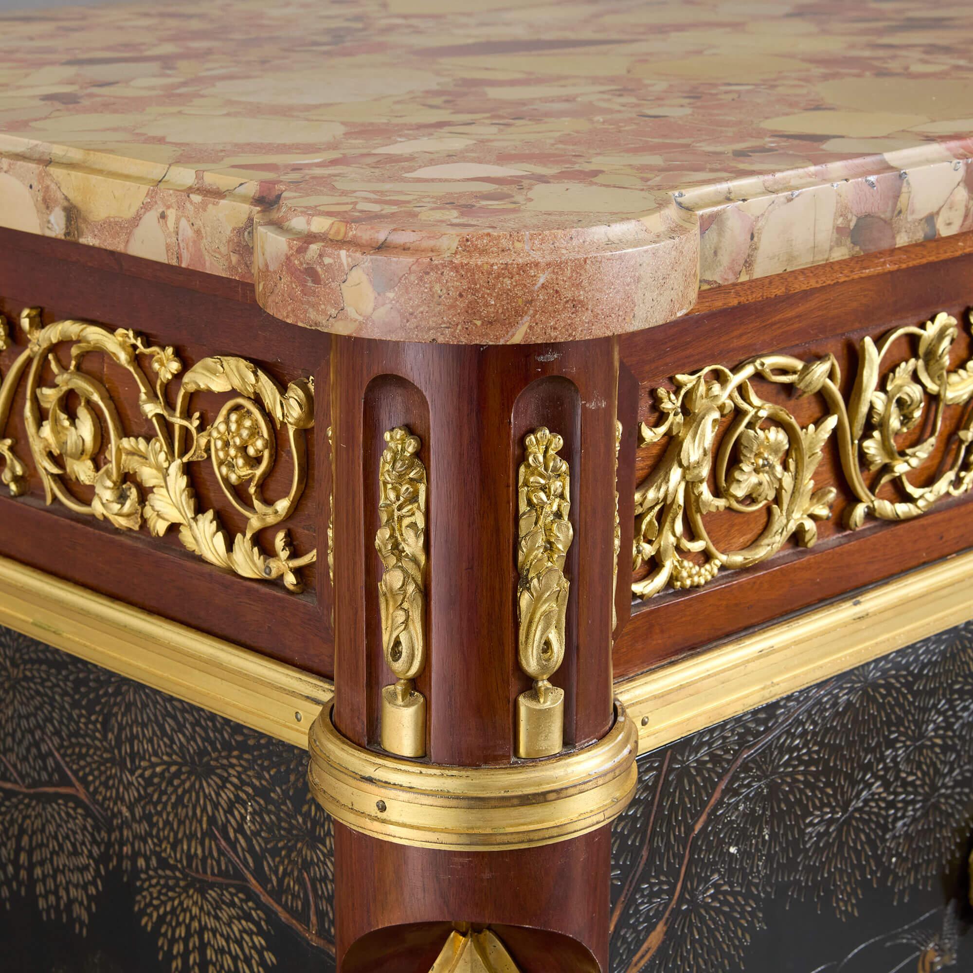 19th Century Antique Ormolu Mounted Mahogany and Chinese Lacquer Commode by Maison Forest For Sale