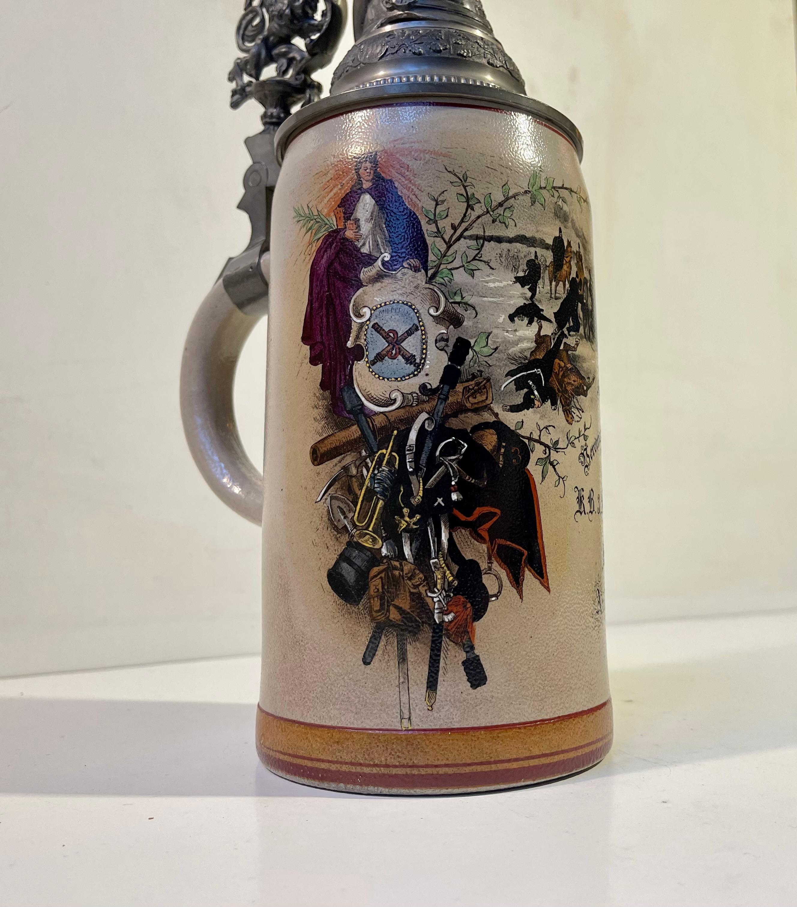 Late Victorian Antique Ornamental Münich Bier Stein with Hand-painted WWI Artilleri Scene For Sale