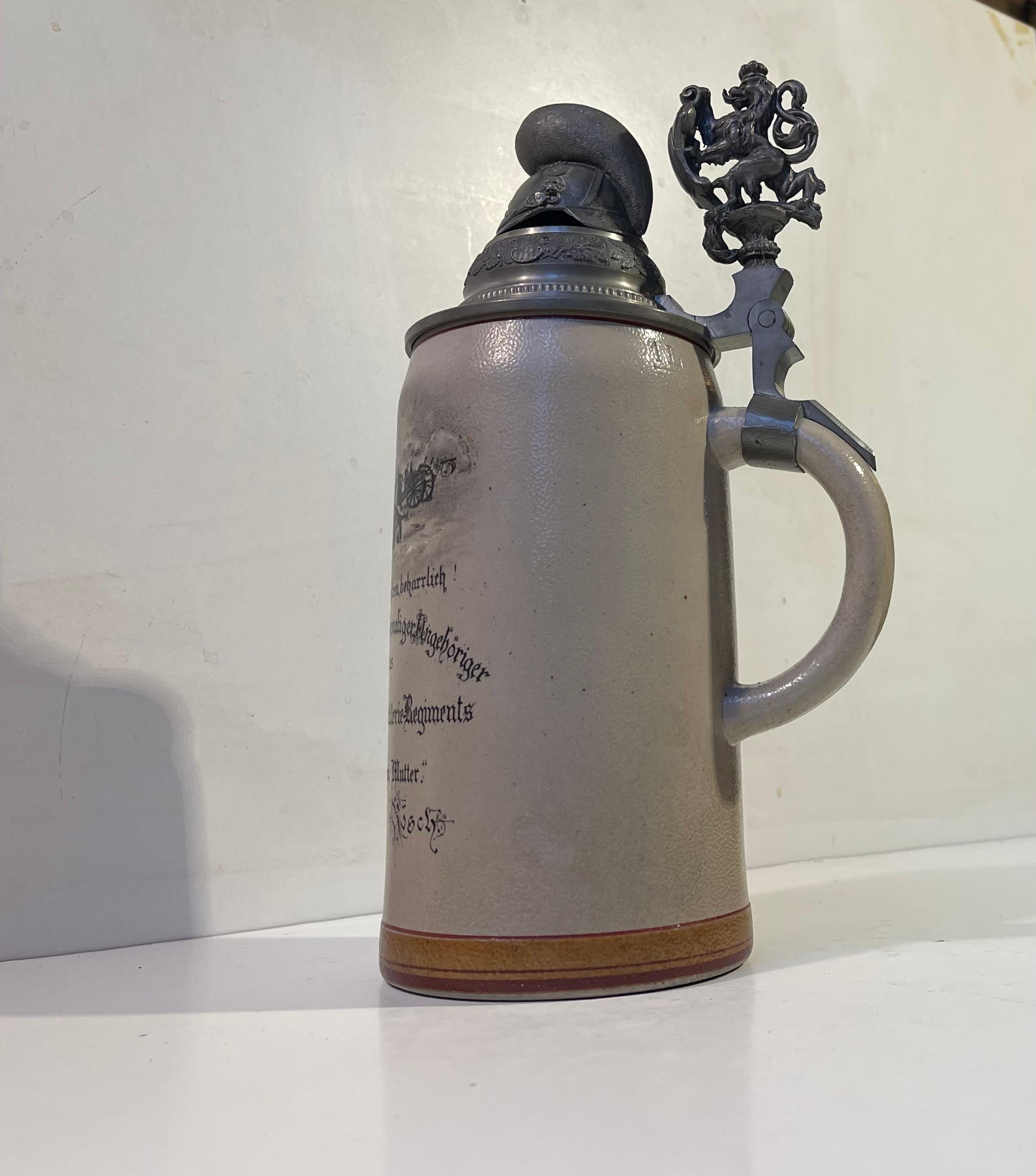 Antique Ornamental Münich Bier Stein with Hand-painted WWI Artilleri Scene In Good Condition For Sale In Esbjerg, DK