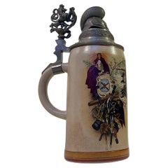 Antique Ornamental Münich Bier Stein with Hand-painted WWI Artilleri Scene