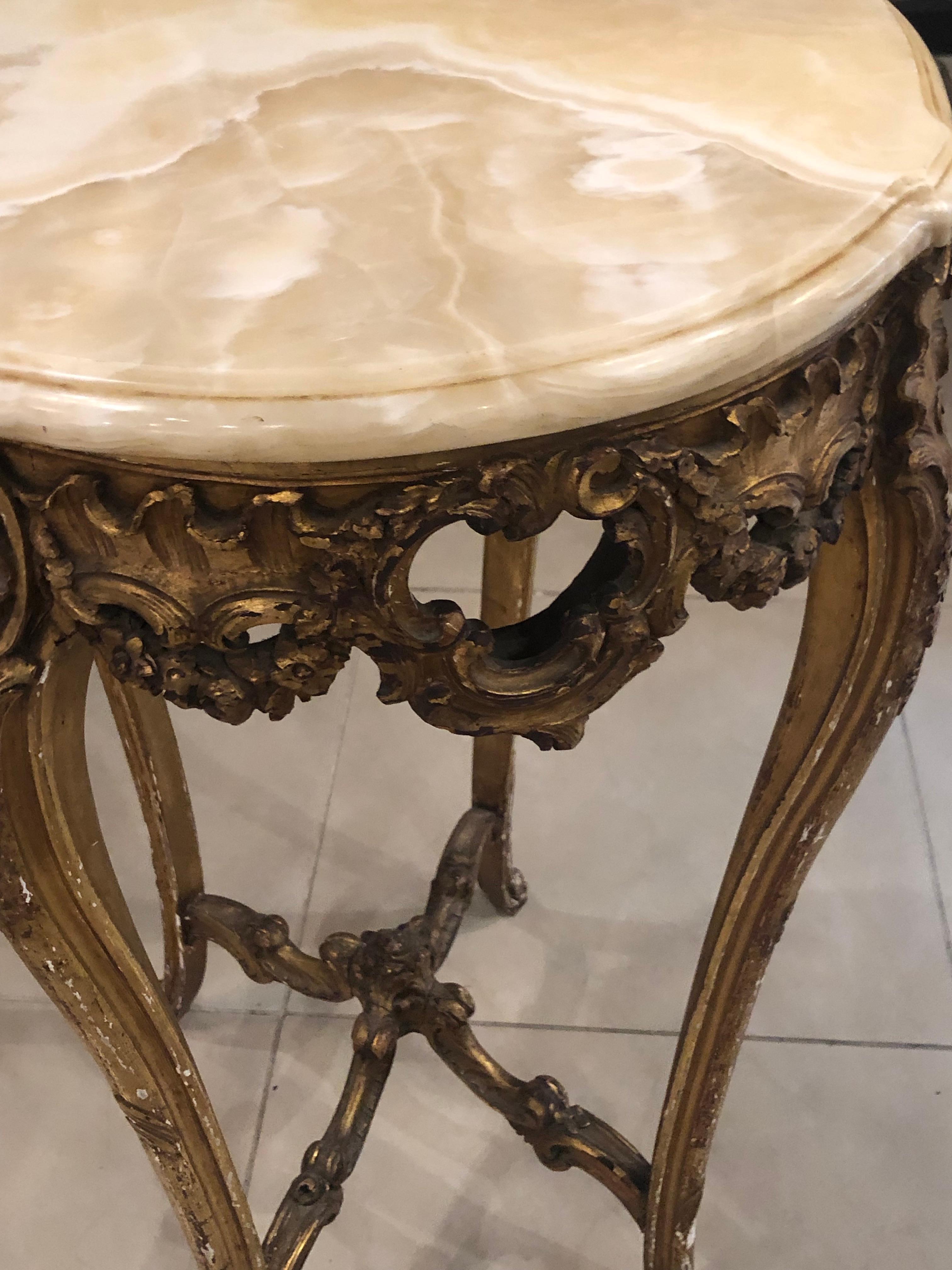 Antique Ornate A. Hugnet Paris Marble Wood Gold Gesso End Side Beverage Table 2