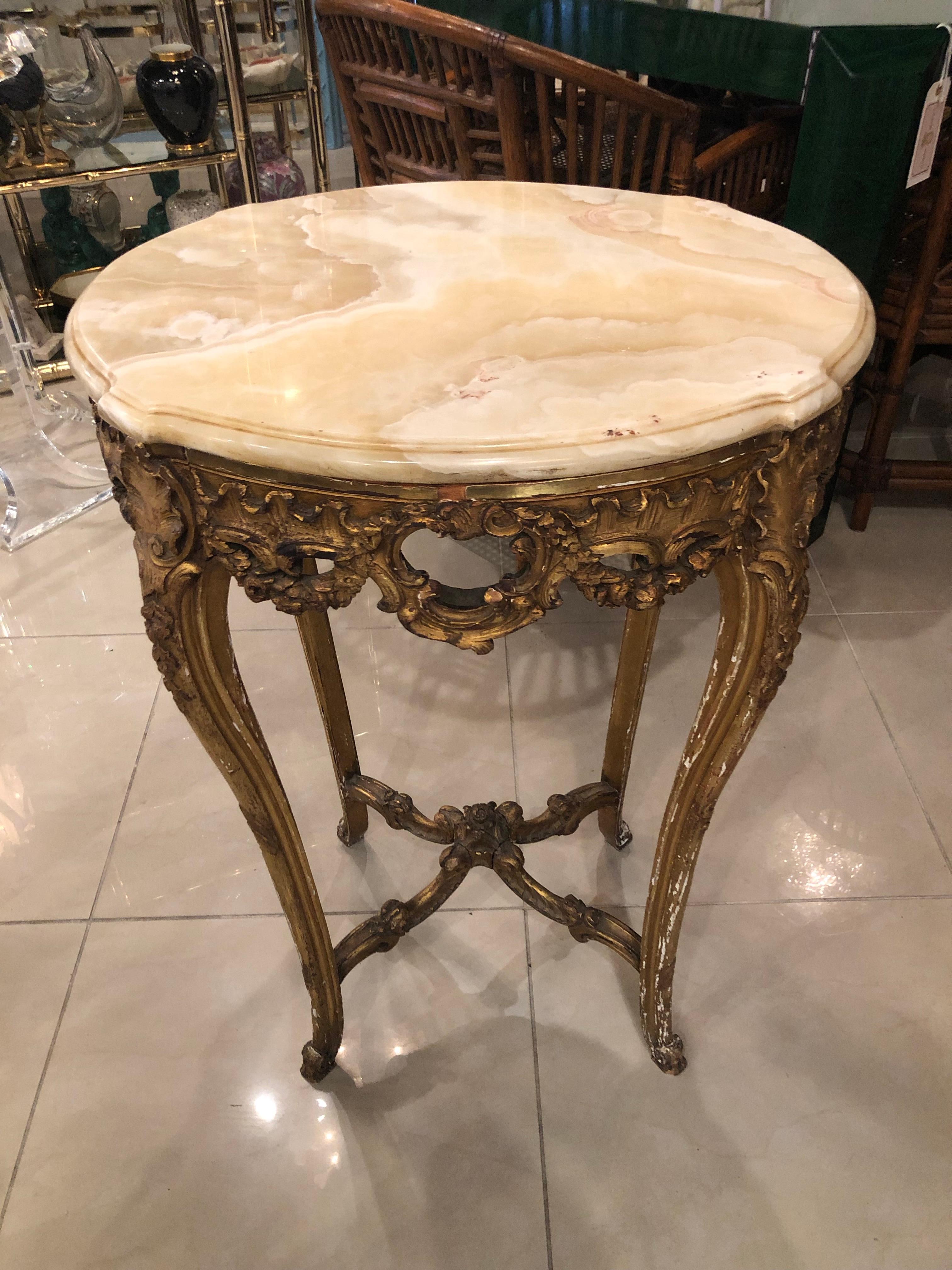 Lovely antique beverage, end, side ornate table with marble top. Copper tag on bottom says: Ameublements de style Meubles, Sieges, Tentures. A. Hugnet Fabricant, 69 Faubourg St, Antoine. Paris.
