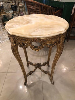 Antique Ornate A. Hugnet Paris Marble Wood Gold Gesso End Side Beverage Table