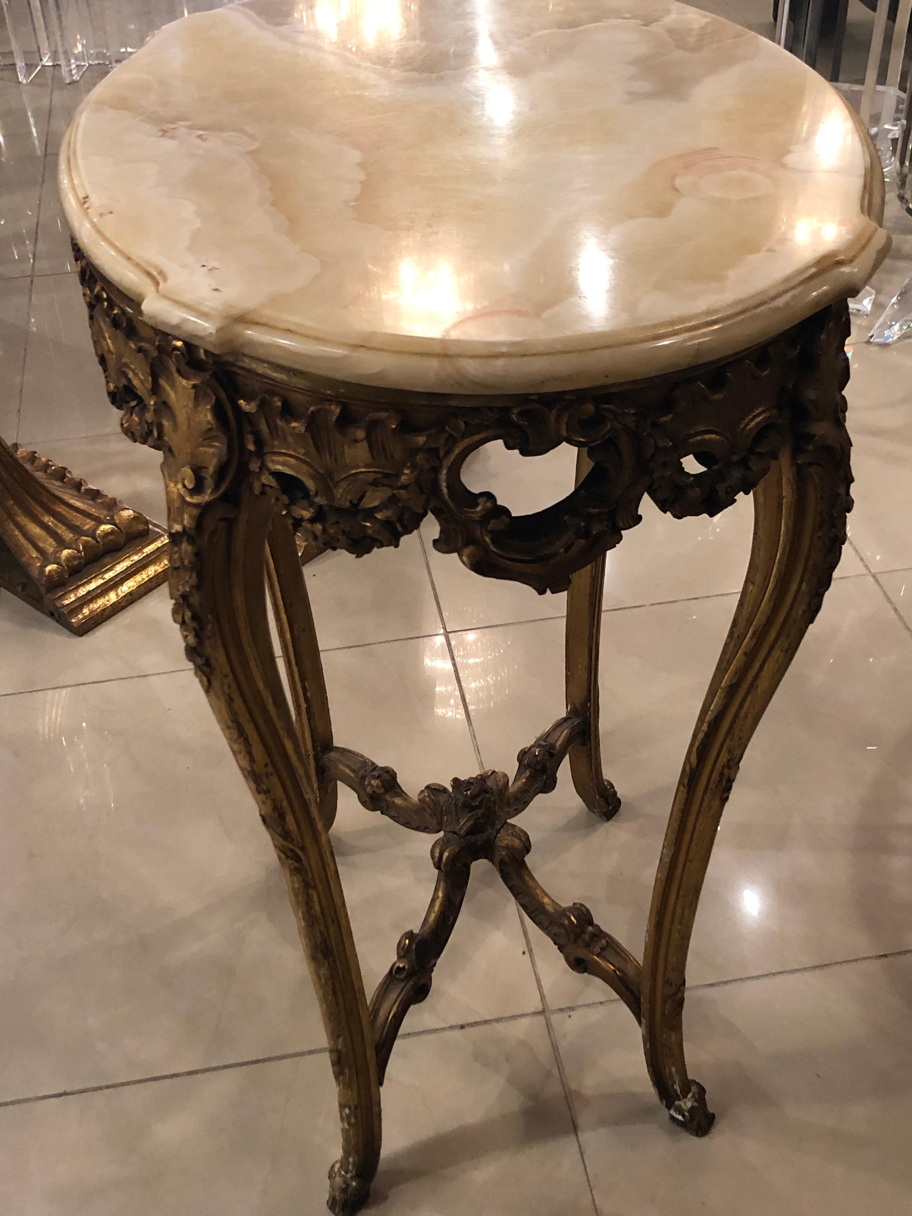 Romantic Antique Ornate A. Hugnet Paris Marble Wood Gold Gesso End Side Beverage Table