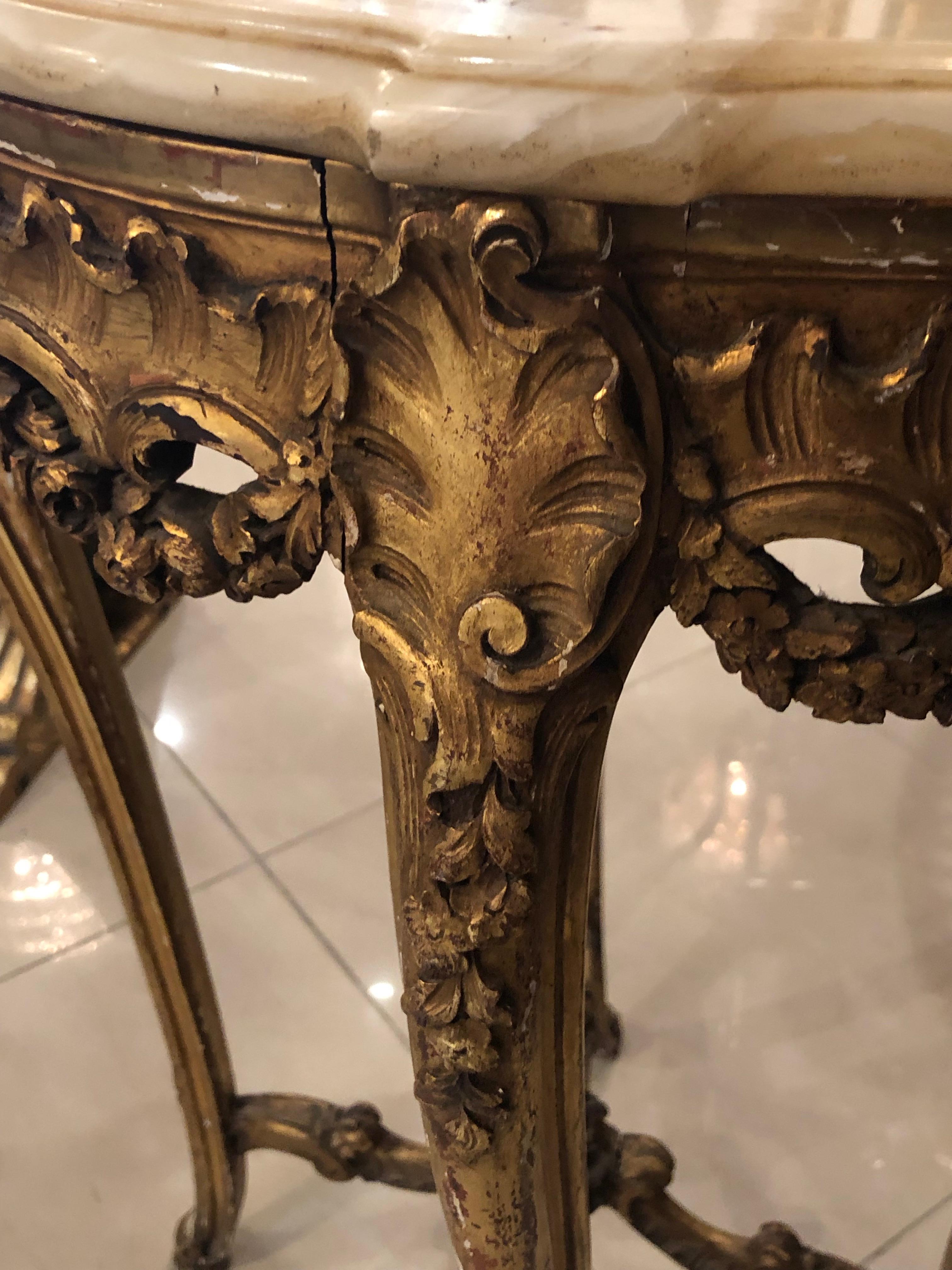 French Antique Ornate A. Hugnet Paris Marble Wood Gold Gesso End Side Beverage Table