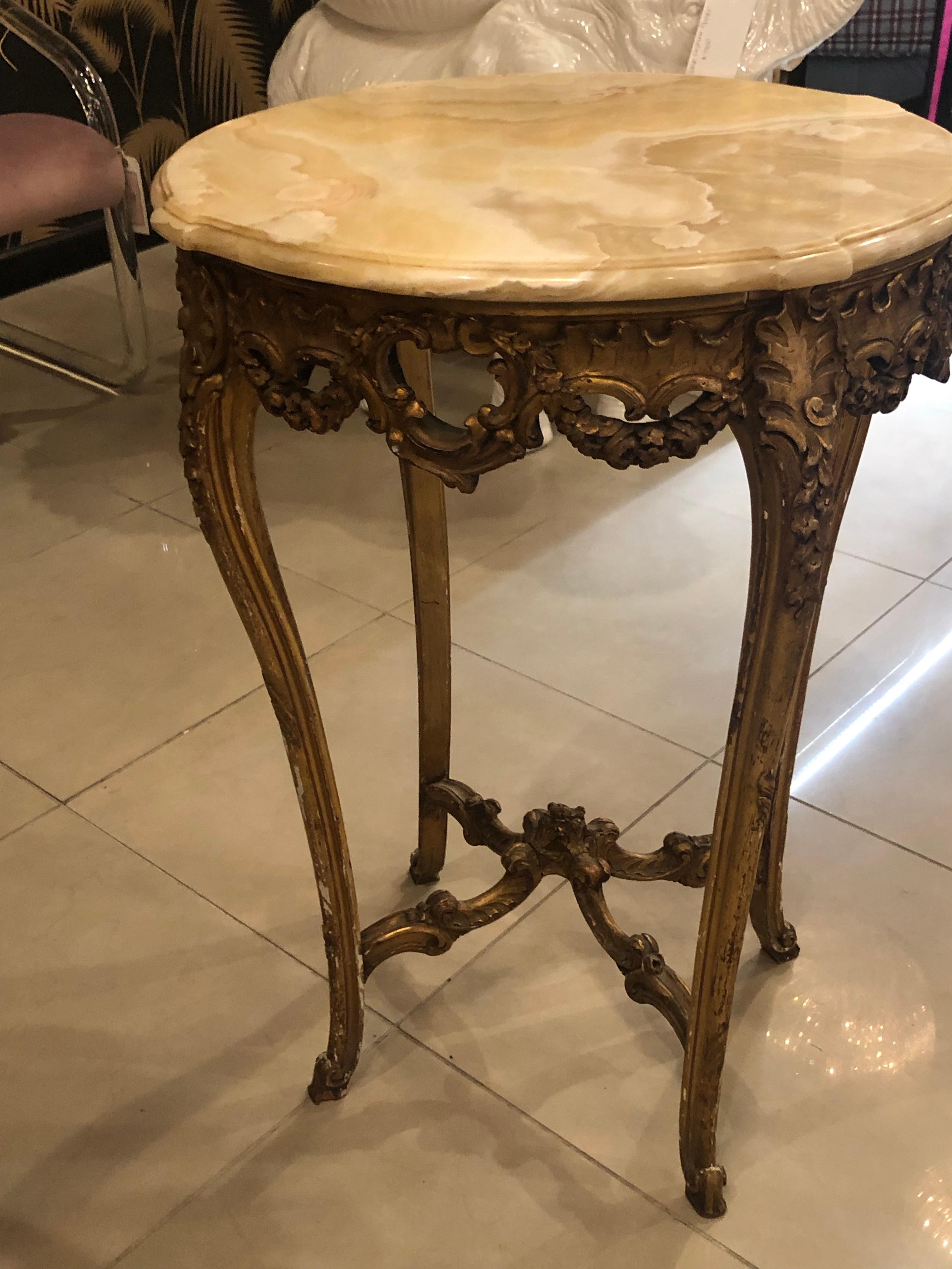 Antique Ornate A. Hugnet Paris Marble Wood Gold Gesso End Side Beverage Table In Good Condition In West Palm Beach, FL