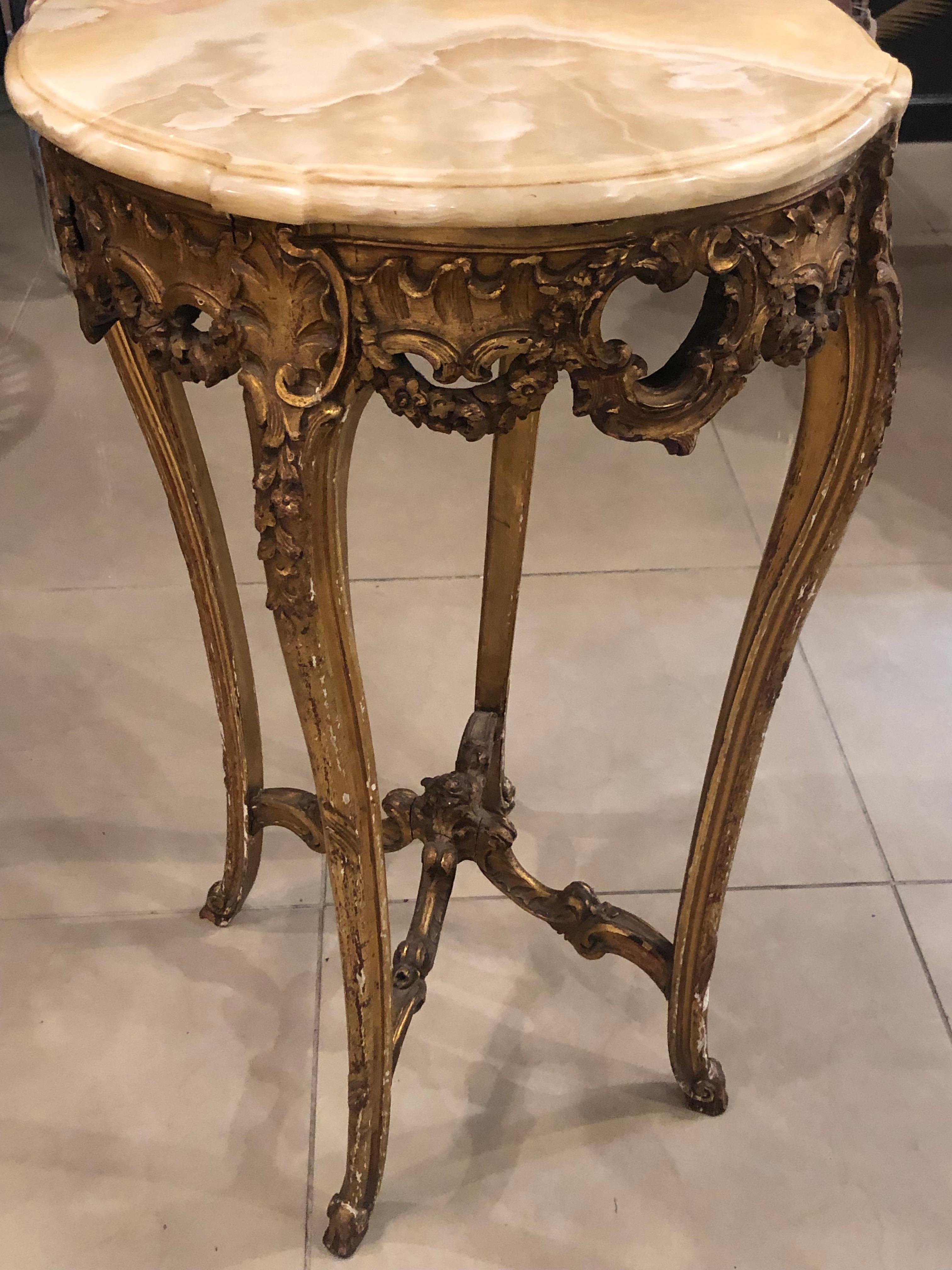 Early 20th Century Antique Ornate A. Hugnet Paris Marble Wood Gold Gesso End Side Beverage Table