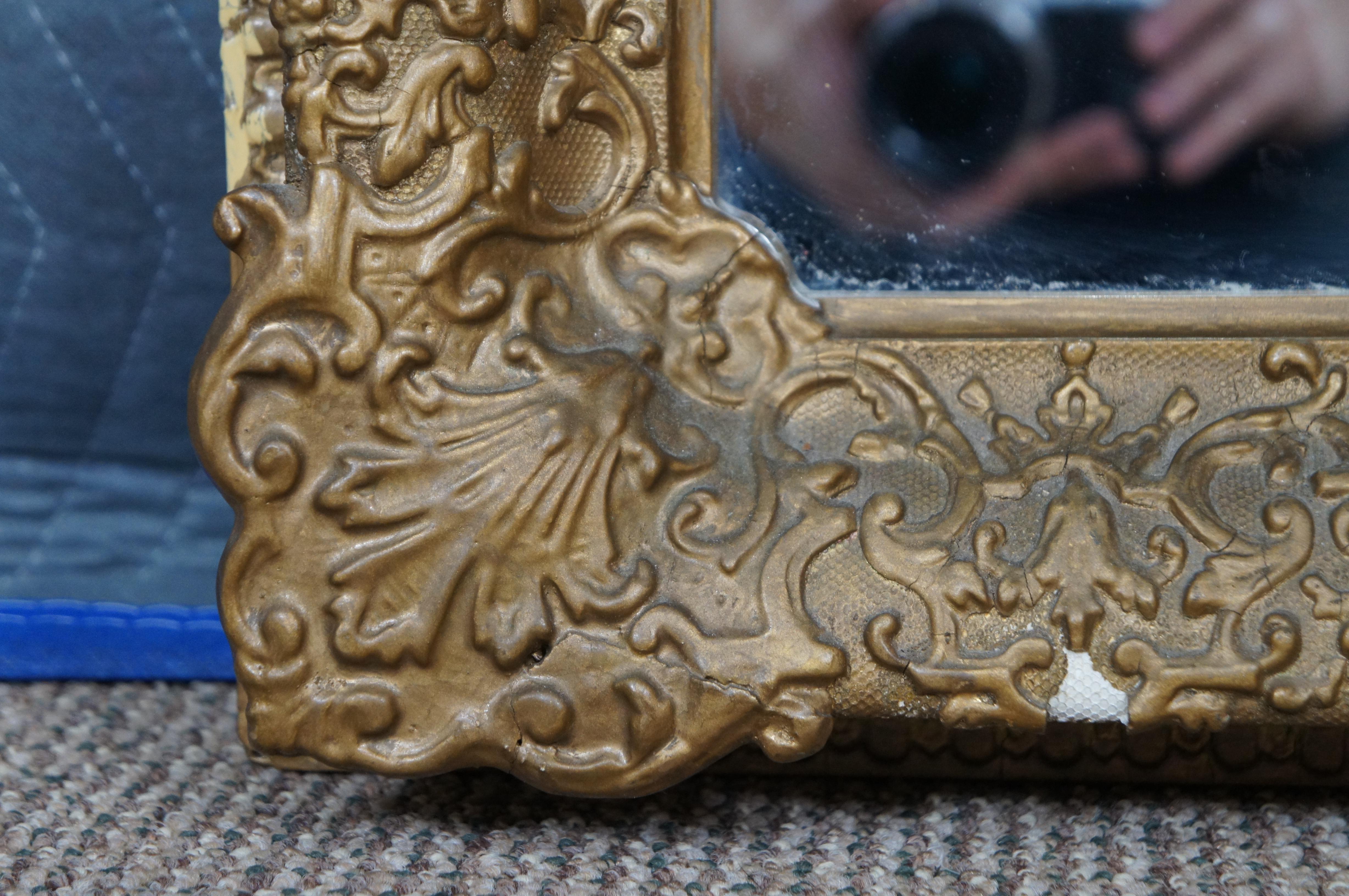 Gesso Antique Ornate Baroque Gilt Wood Rectangular Wall Vanity Mirror For Sale