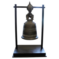 Antique Ornate Bronze Buddhist Temple Bell on Stand