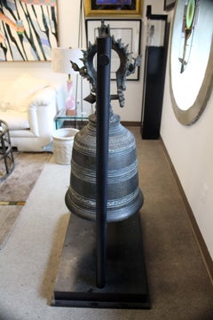 Antique Ornate Bronze Buddhist Temple Bell on Stand