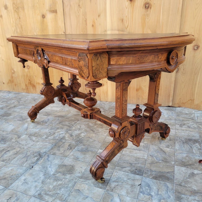 Antique Ornate Carved Eastlake Leather Top Writing Desk For Sale at 1stDibs