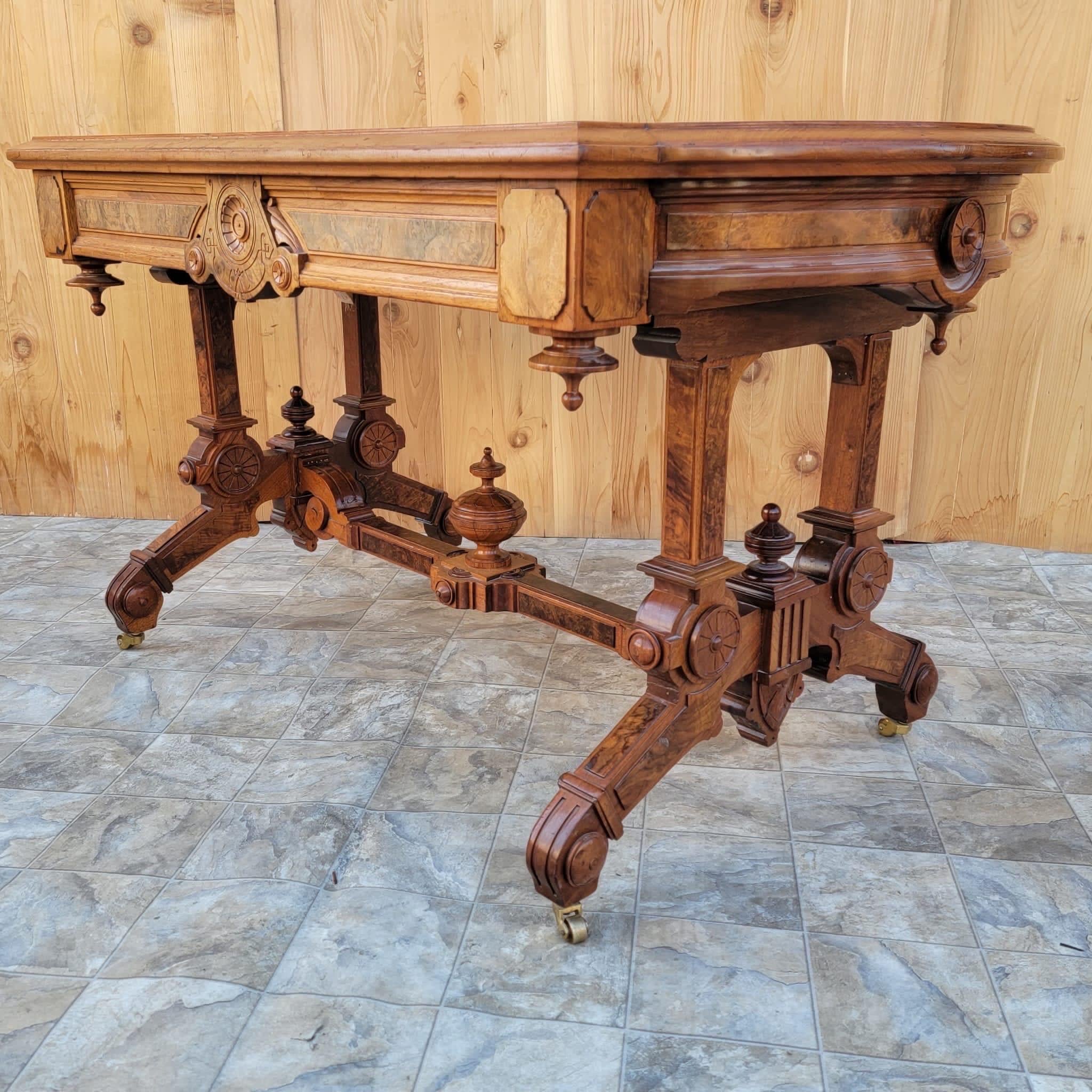 Antique Ornate Carved Eastlake Leather Top Writing Desk 1