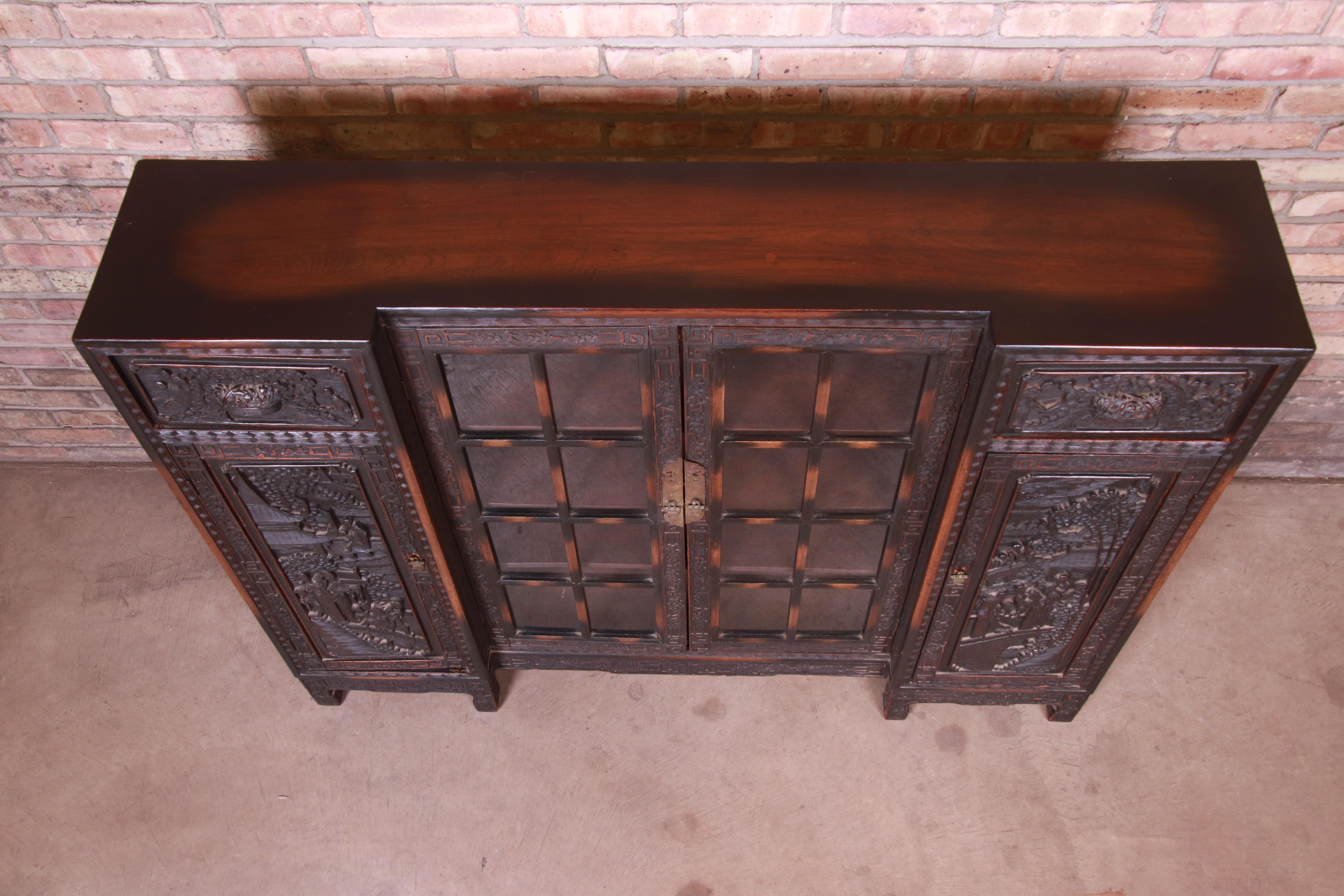 Antique Ornate Carved Oak Chinese Bookcase, circa 1930s 2