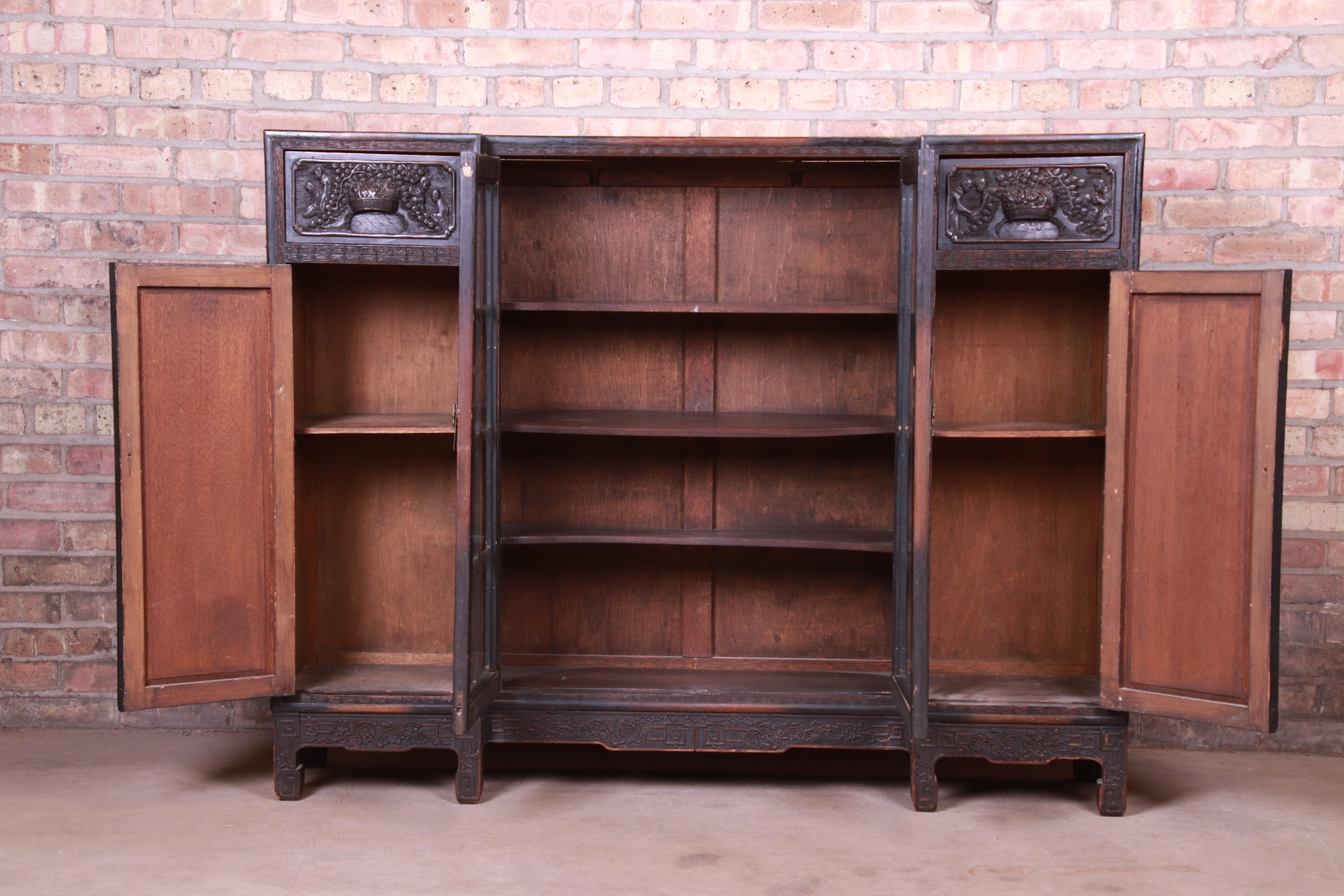 Antique Ornate Carved Oak Chinese Bookcase, circa 1930s 3