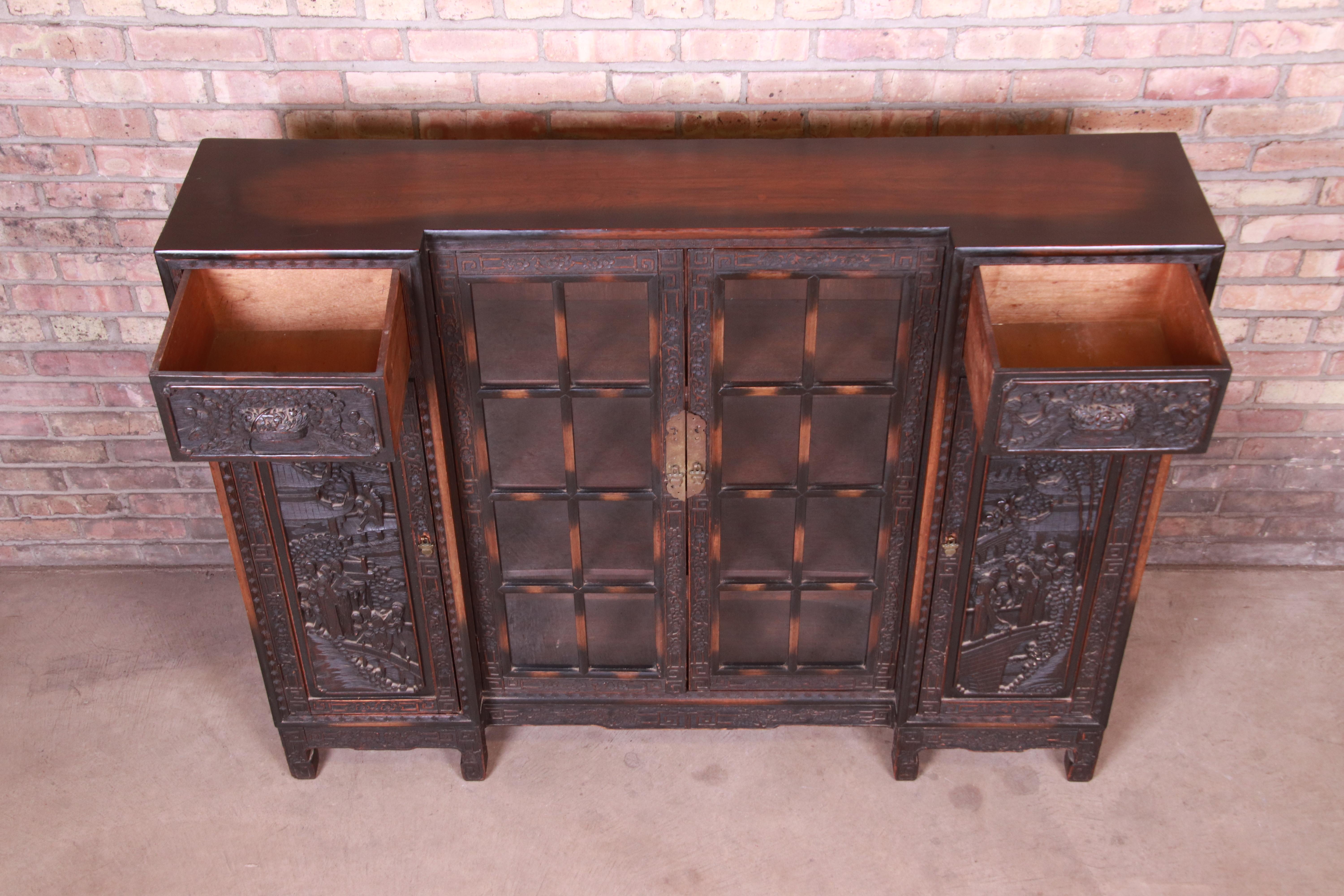 Antique Ornate Carved Oak Chinese Bookcase, circa 1930s 4
