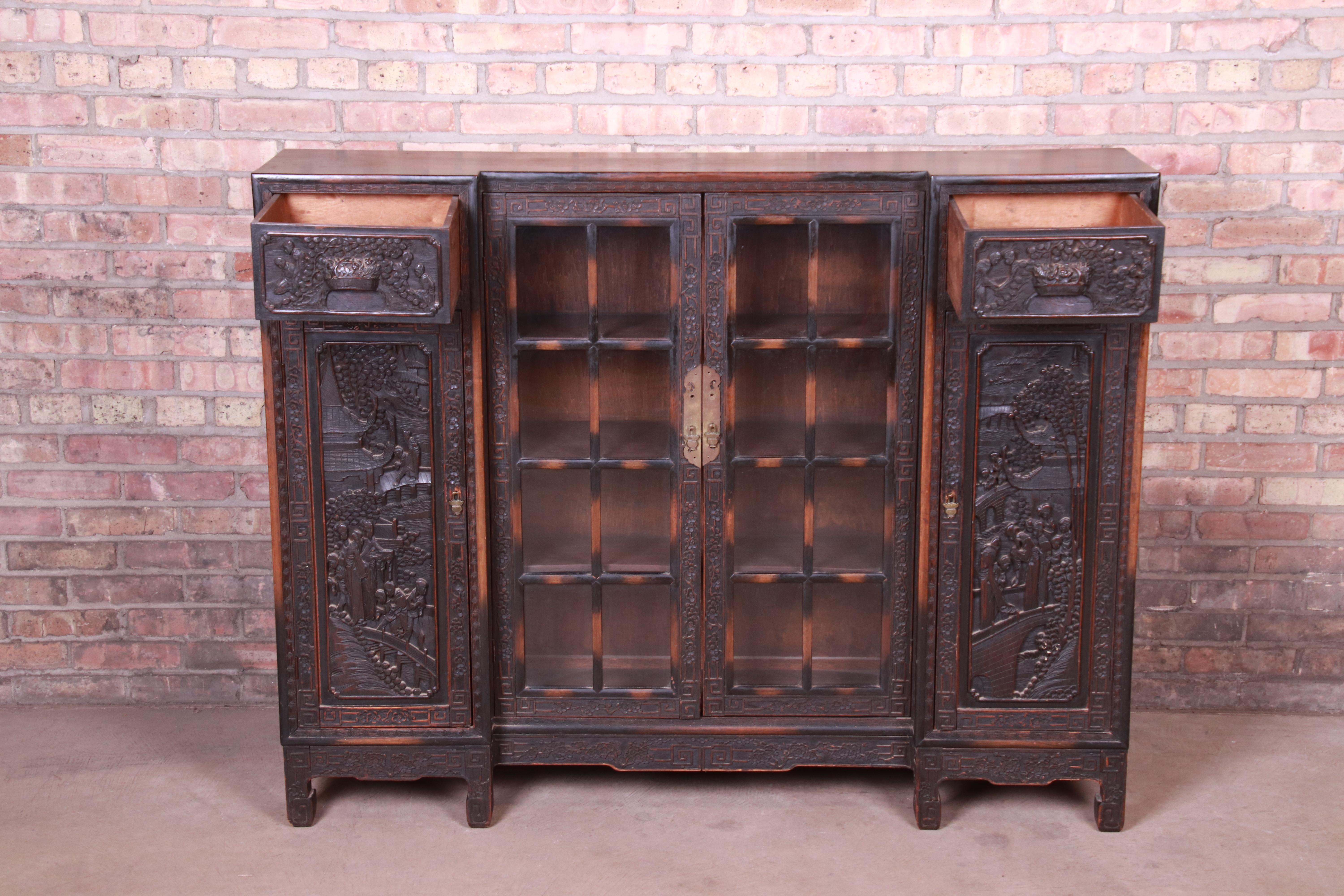 Antique Ornate Carved Oak Chinese Bookcase, circa 1930s 5