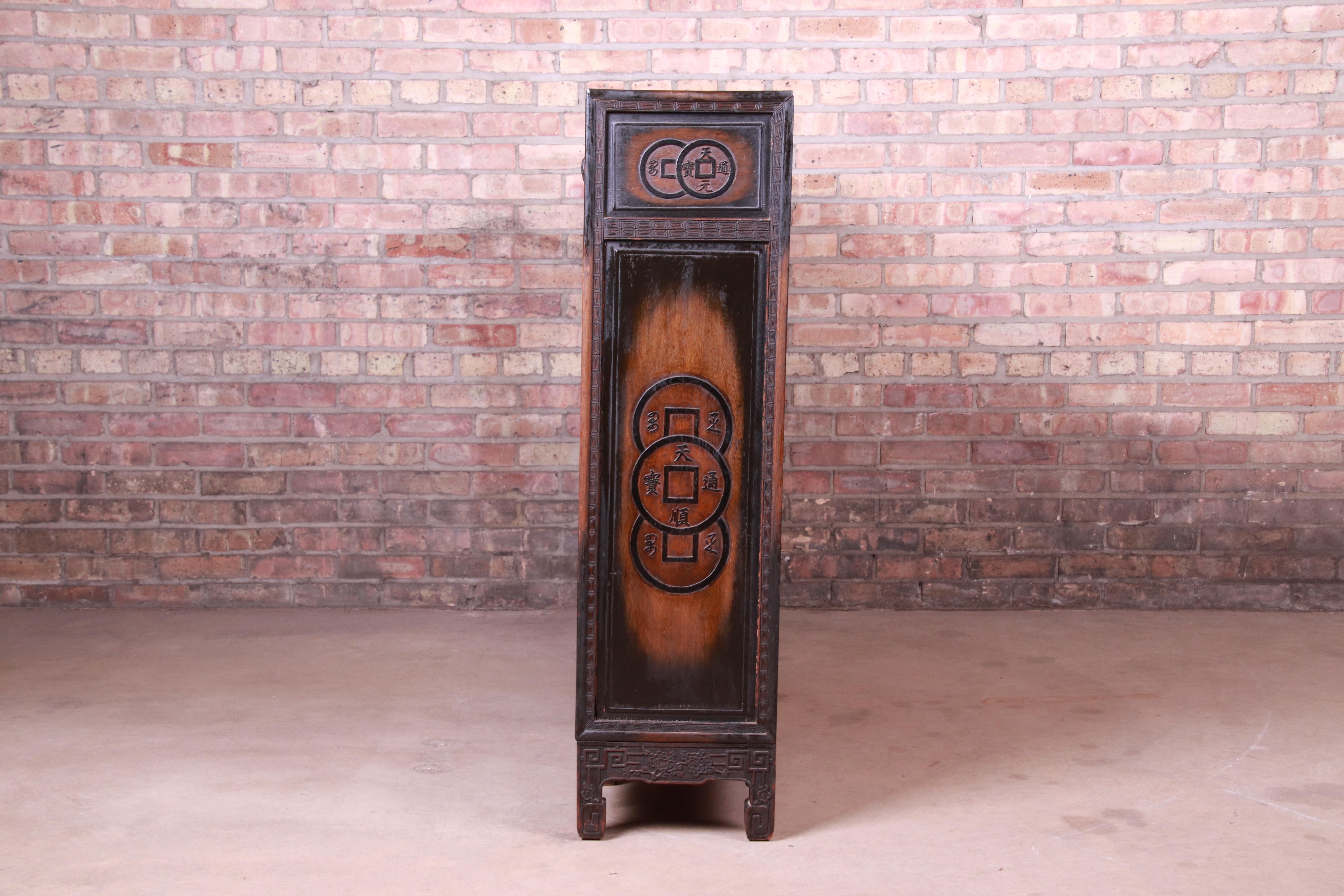 Antique Ornate Carved Oak Chinese Bookcase, circa 1930s 6