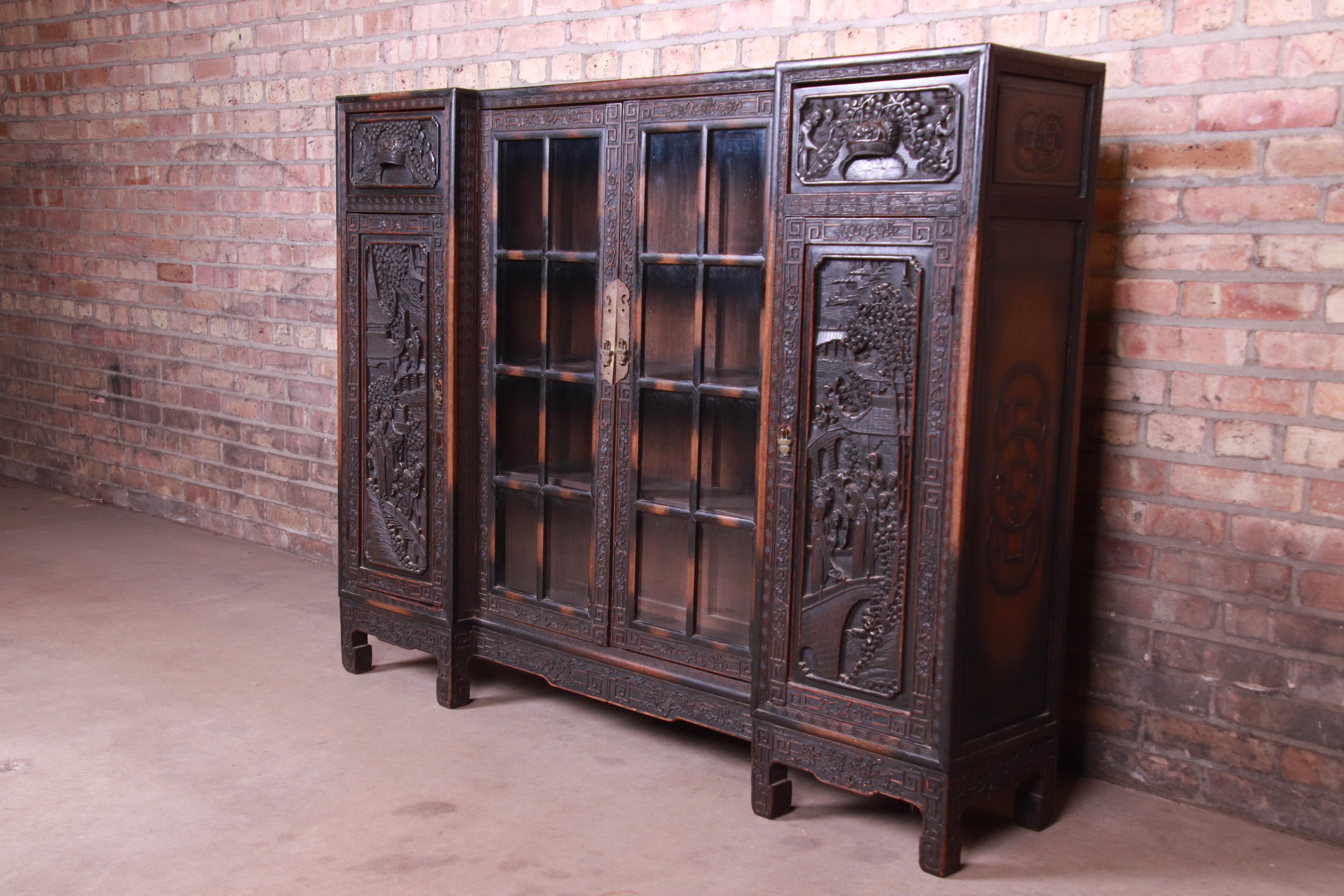 Chinese Export Antique Ornate Carved Oak Chinese Bookcase, circa 1930s