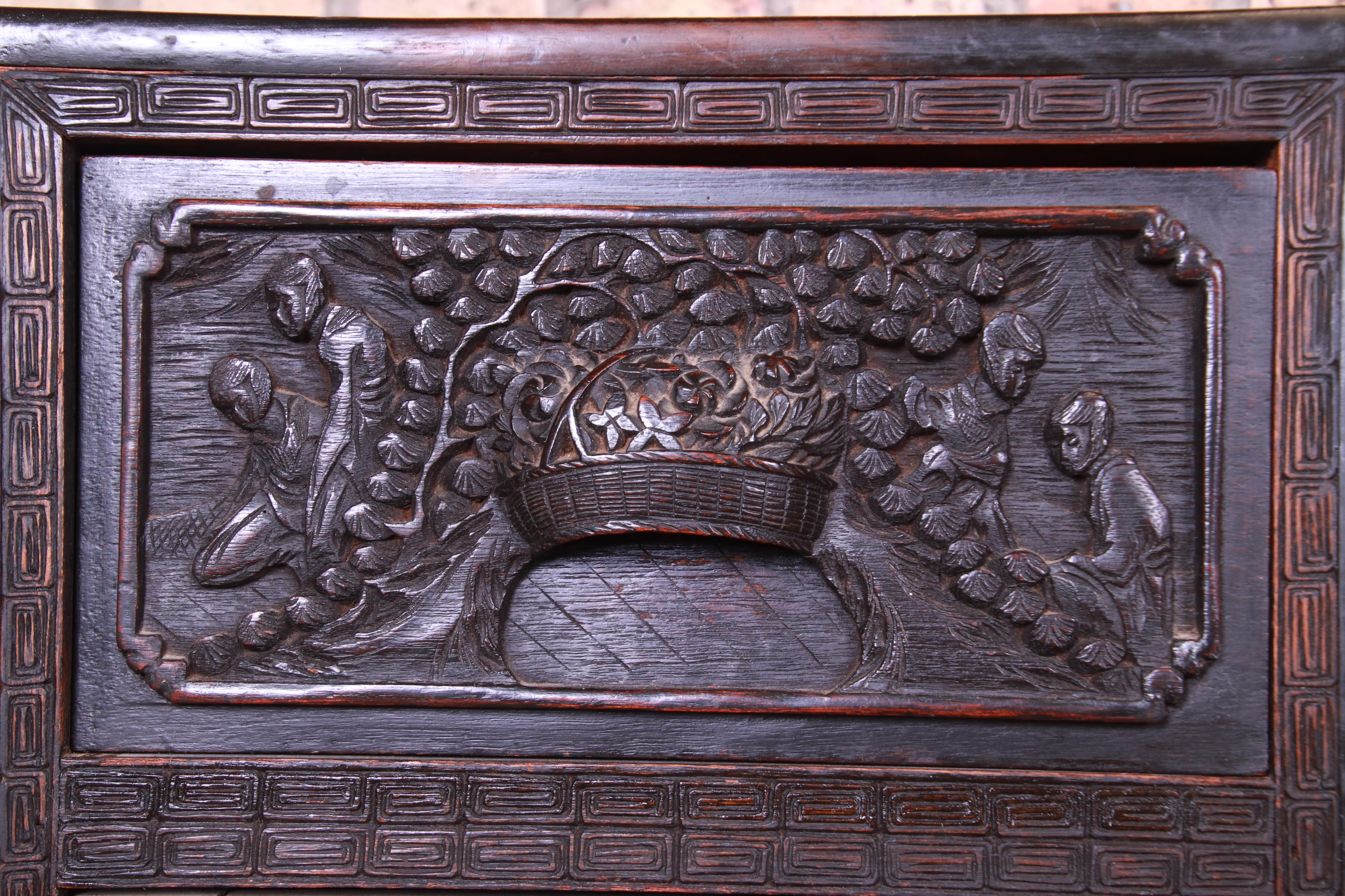 Antique Ornate Carved Oak Chinese Bookcase, circa 1930s In Good Condition In South Bend, IN