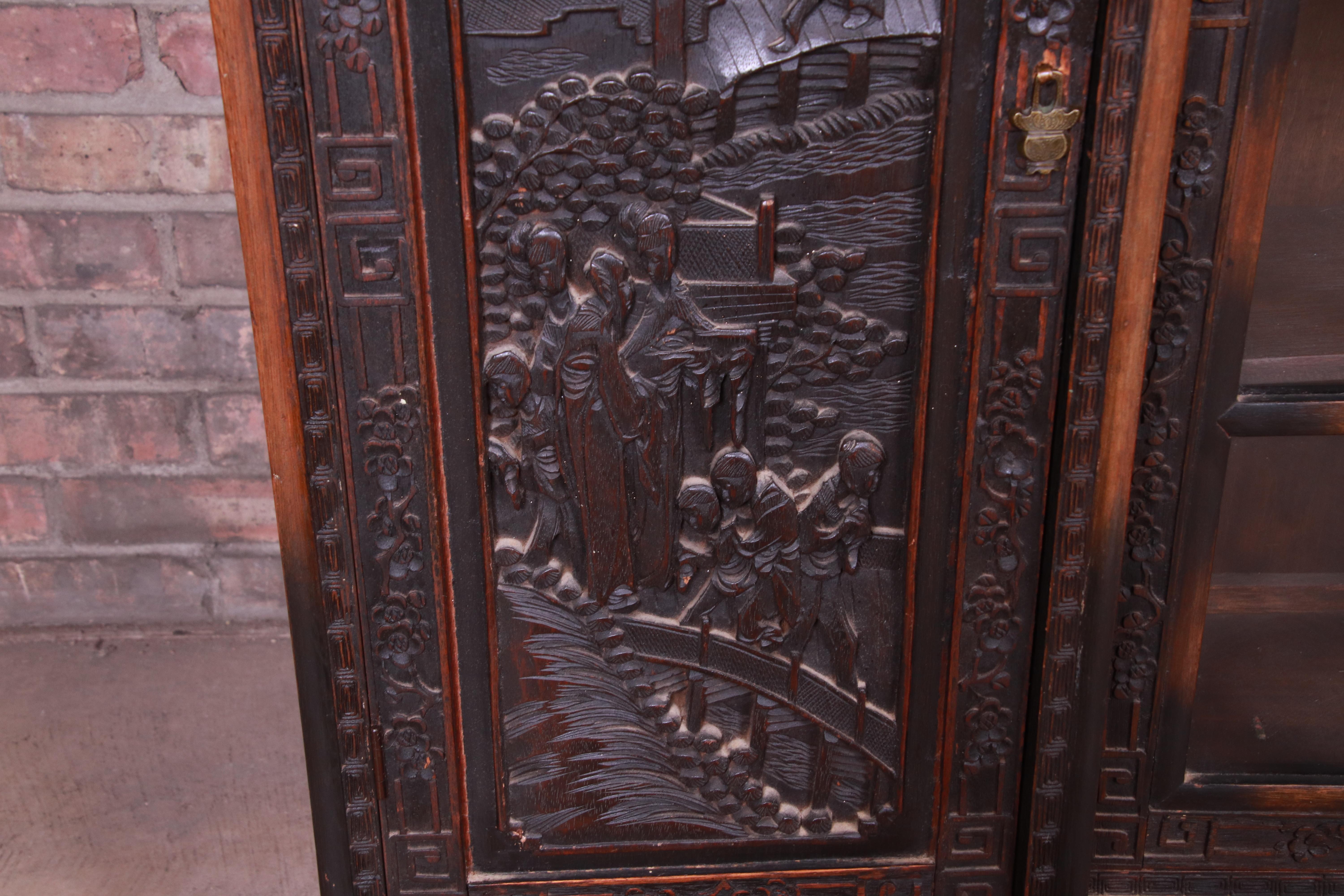 Brass Antique Ornate Carved Oak Chinese Bookcase, circa 1930s