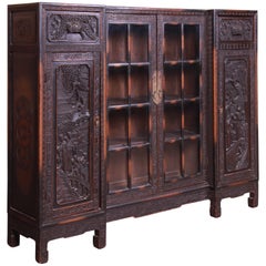 Antique Ornate Carved Oak Chinese Bookcase, circa 1930s