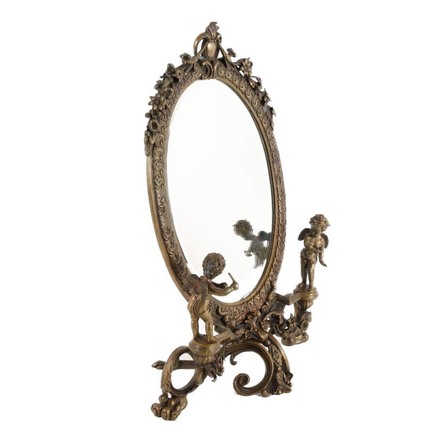 Victorian Antique Ornate Cast Metal Vanity Mirror with Cherubs For Sale