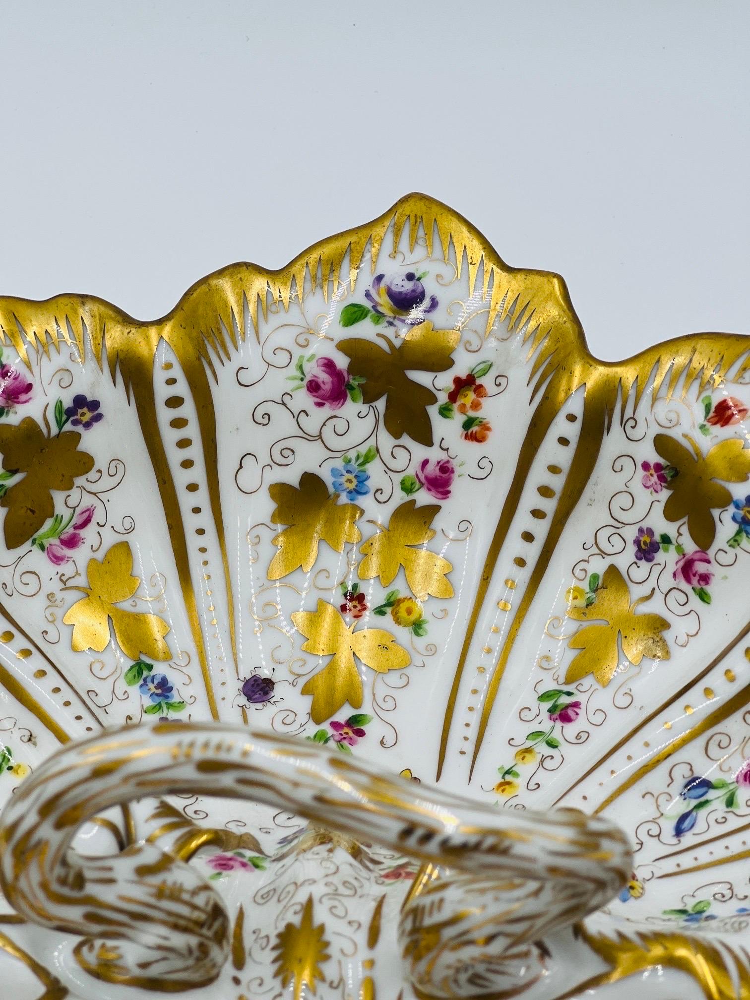 Porcelain Antique Ornate CT Carl Tielsch Germany Floral Divided Handled Dish Herend Style For Sale