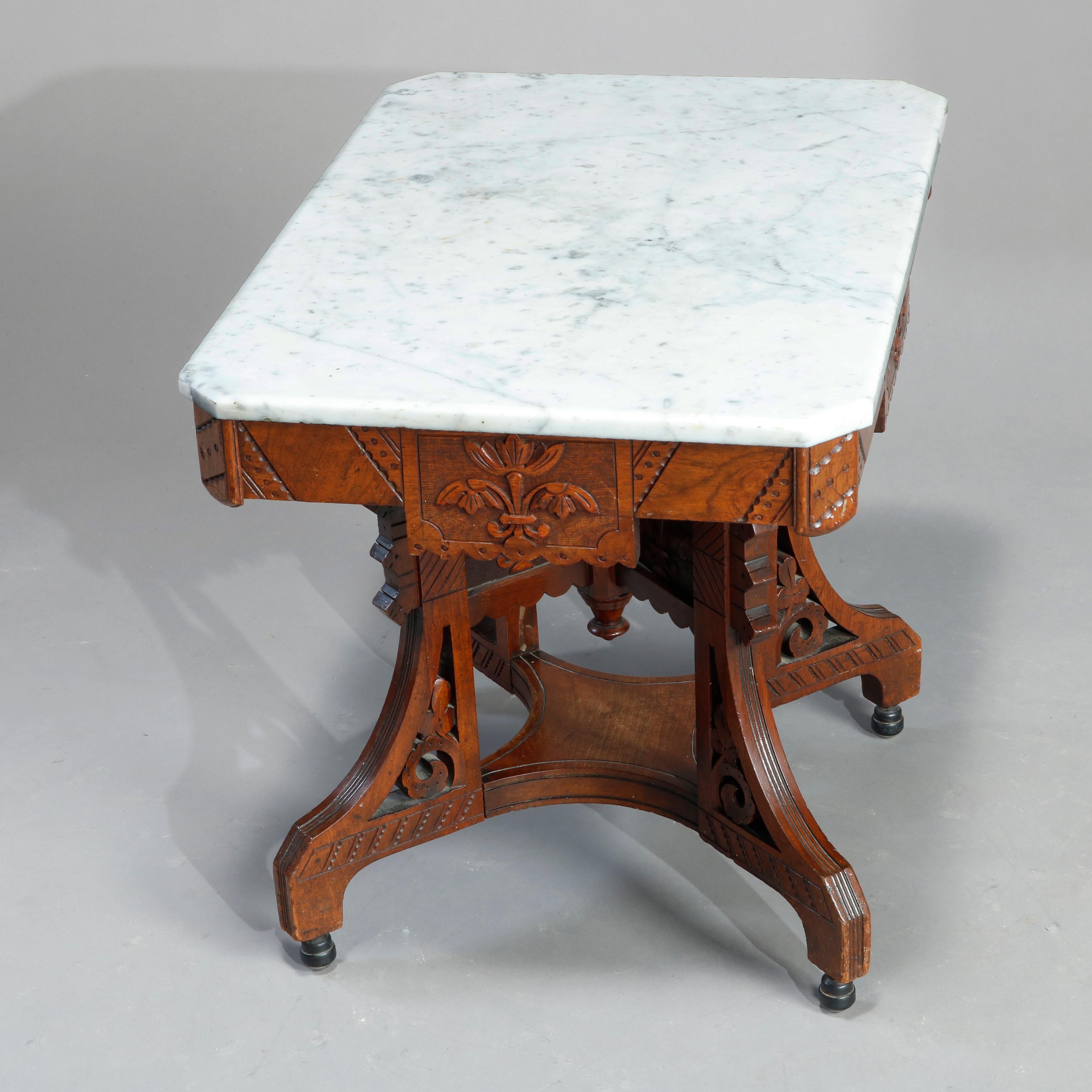 Antique Ornate Eastlake Carved Walnut, Burl & Marble Coffee Table, Circa 1890 4