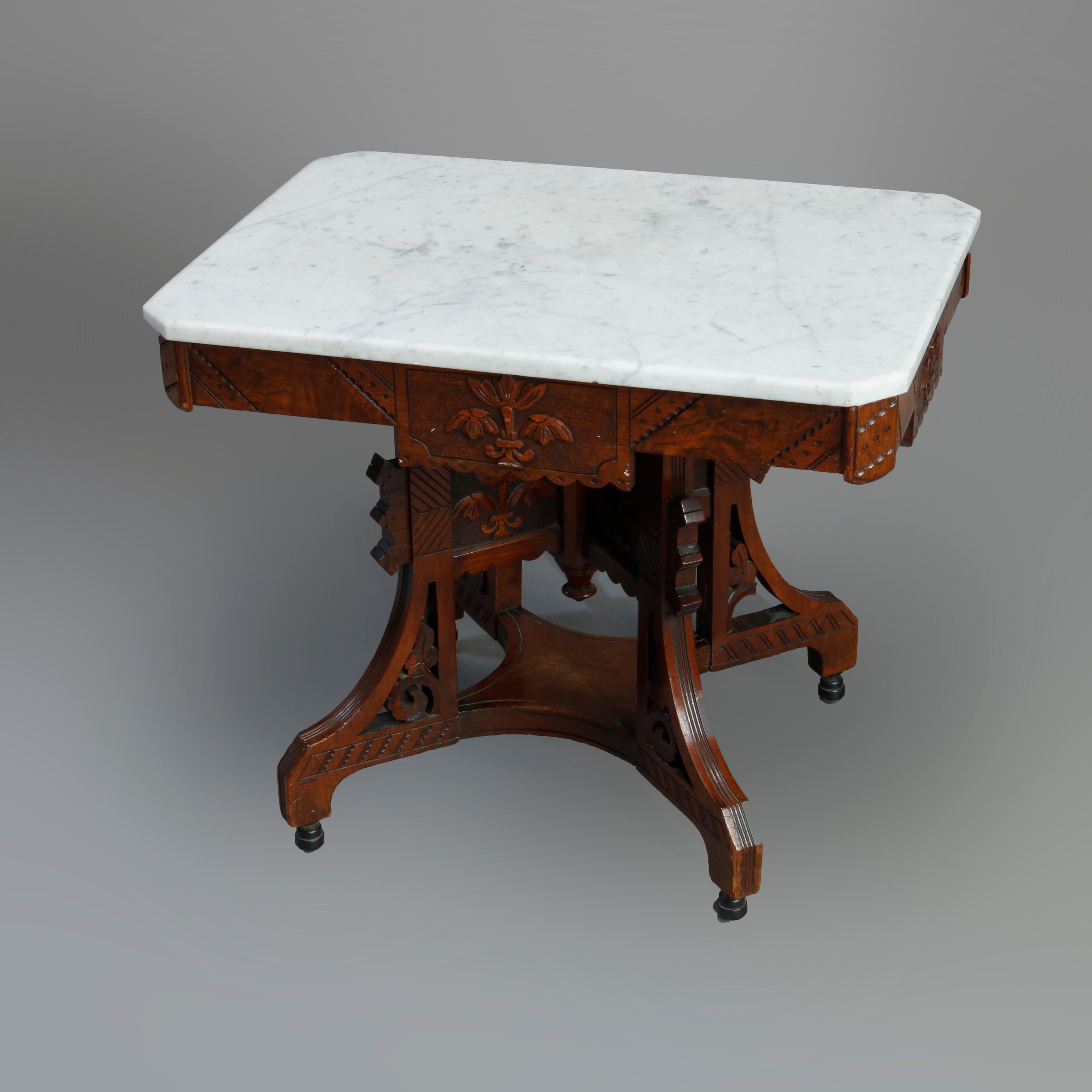 Antique Ornate Eastlake Carved Walnut, Burl & Marble Coffee Table, Circa 1890 5