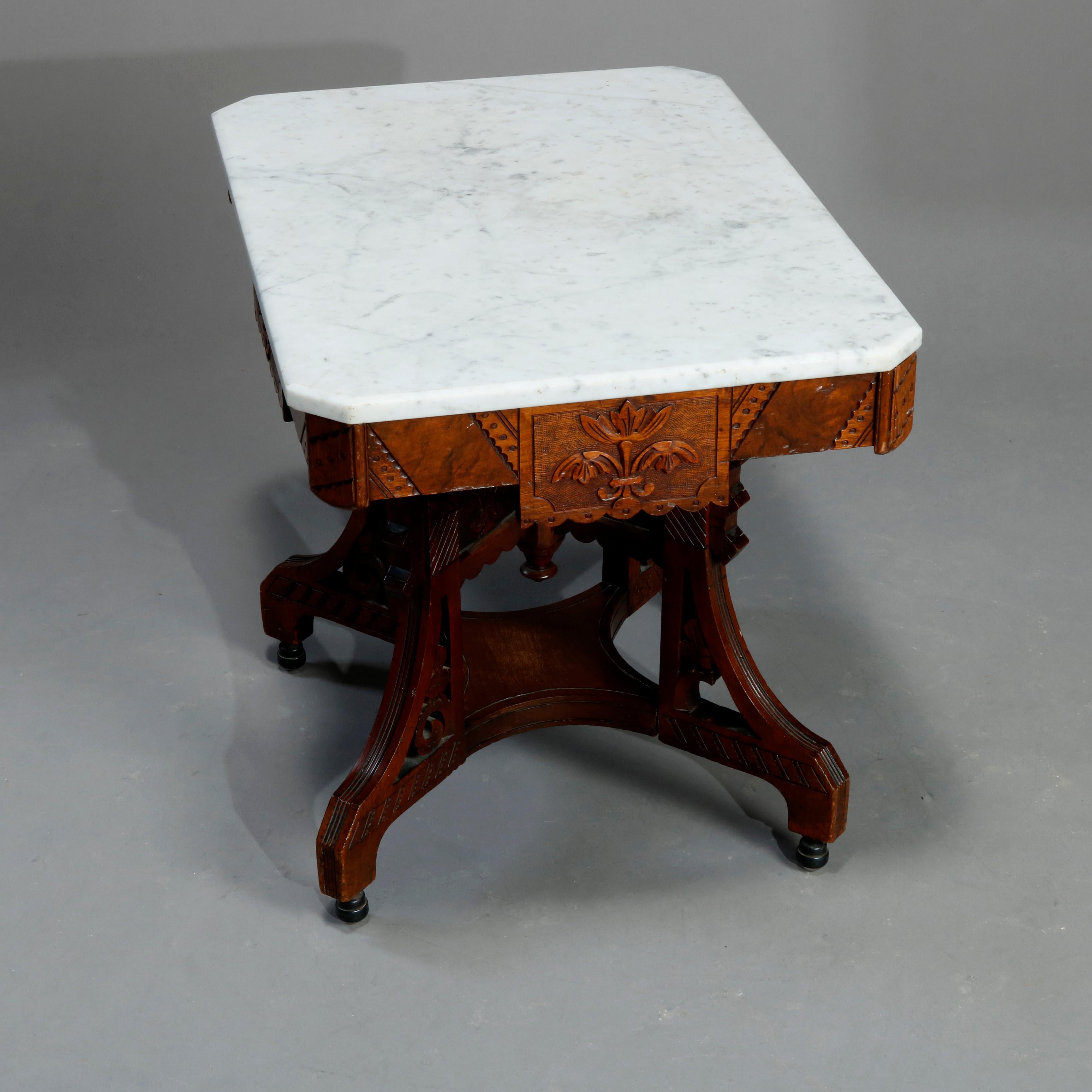 Antique Ornate Eastlake Carved Walnut, Burl & Marble Coffee Table, Circa 1890 6