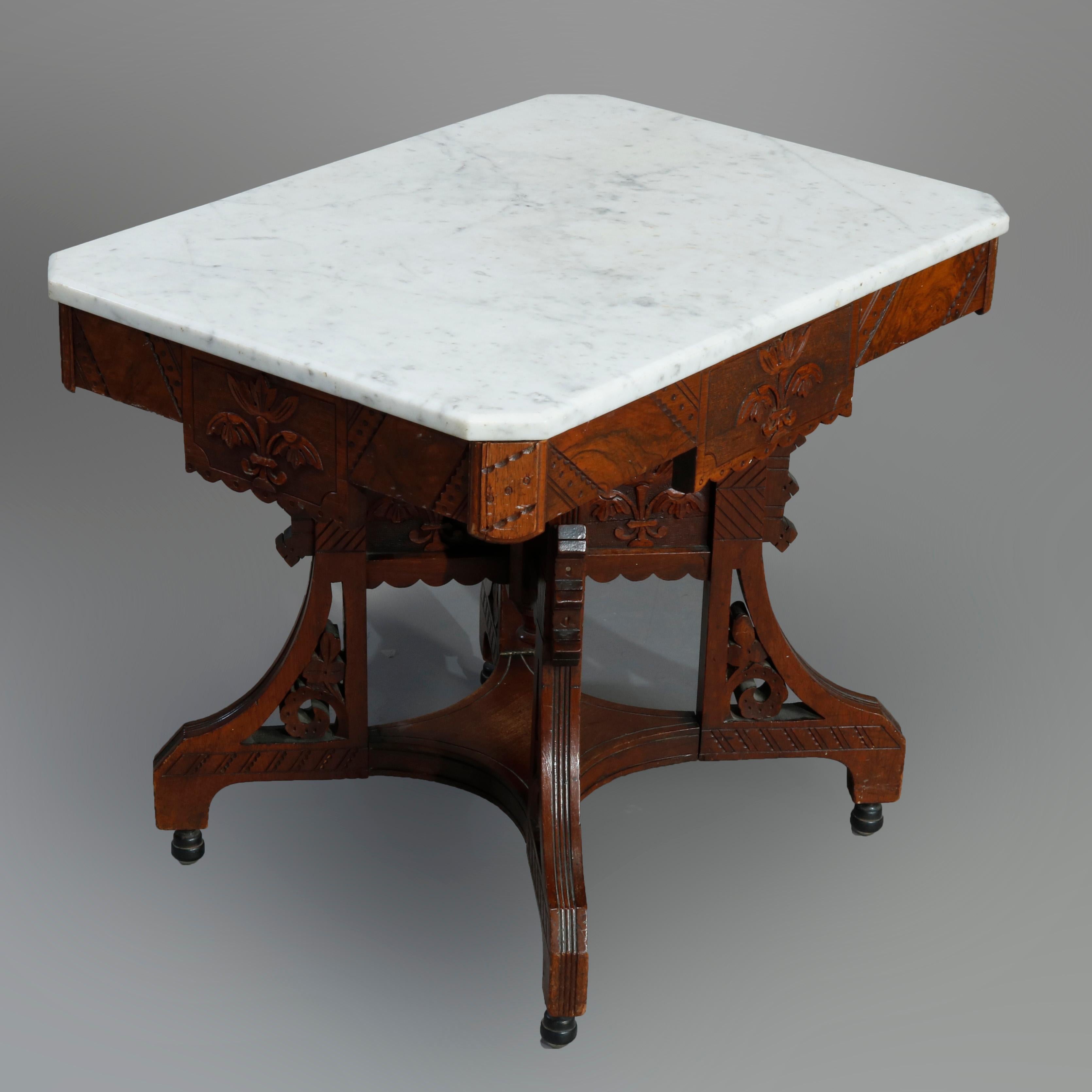 Antique Ornate Eastlake Carved Walnut, Burl & Marble Coffee Table, Circa 1890 7