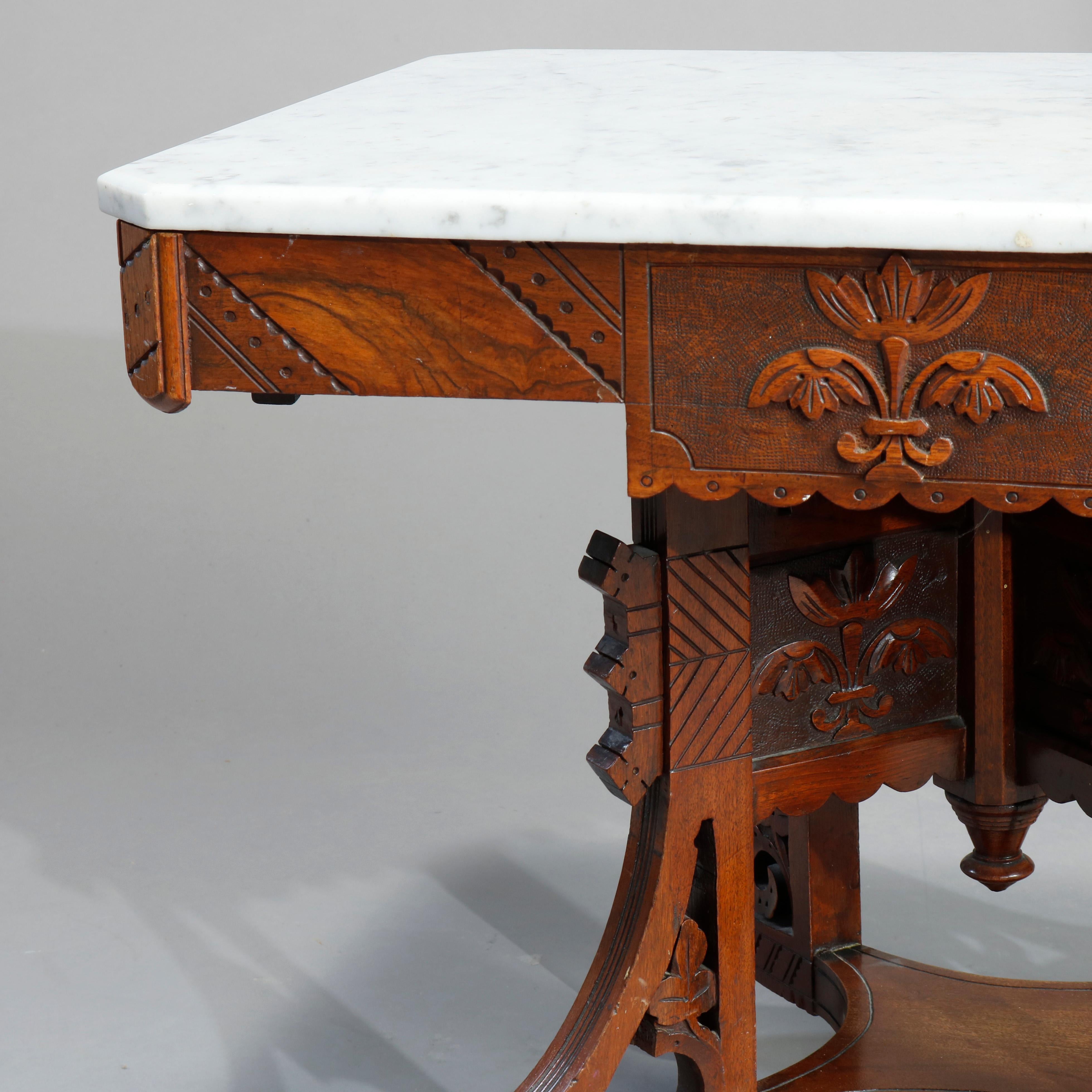 American Antique Ornate Eastlake Carved Walnut, Burl & Marble Coffee Table, Circa 1890