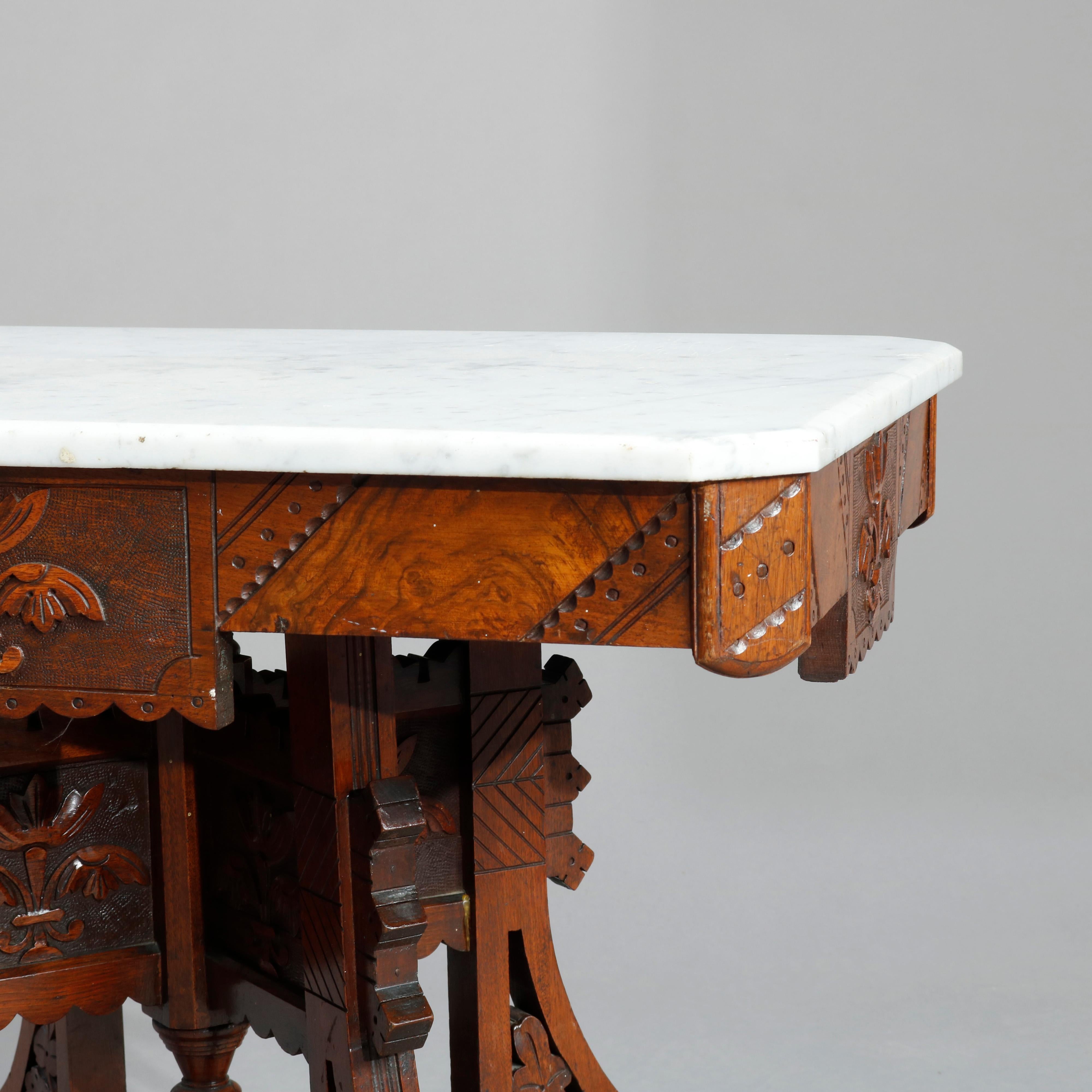 Antique Ornate Eastlake Carved Walnut, Burl & Marble Coffee Table, Circa 1890 In Good Condition In Big Flats, NY