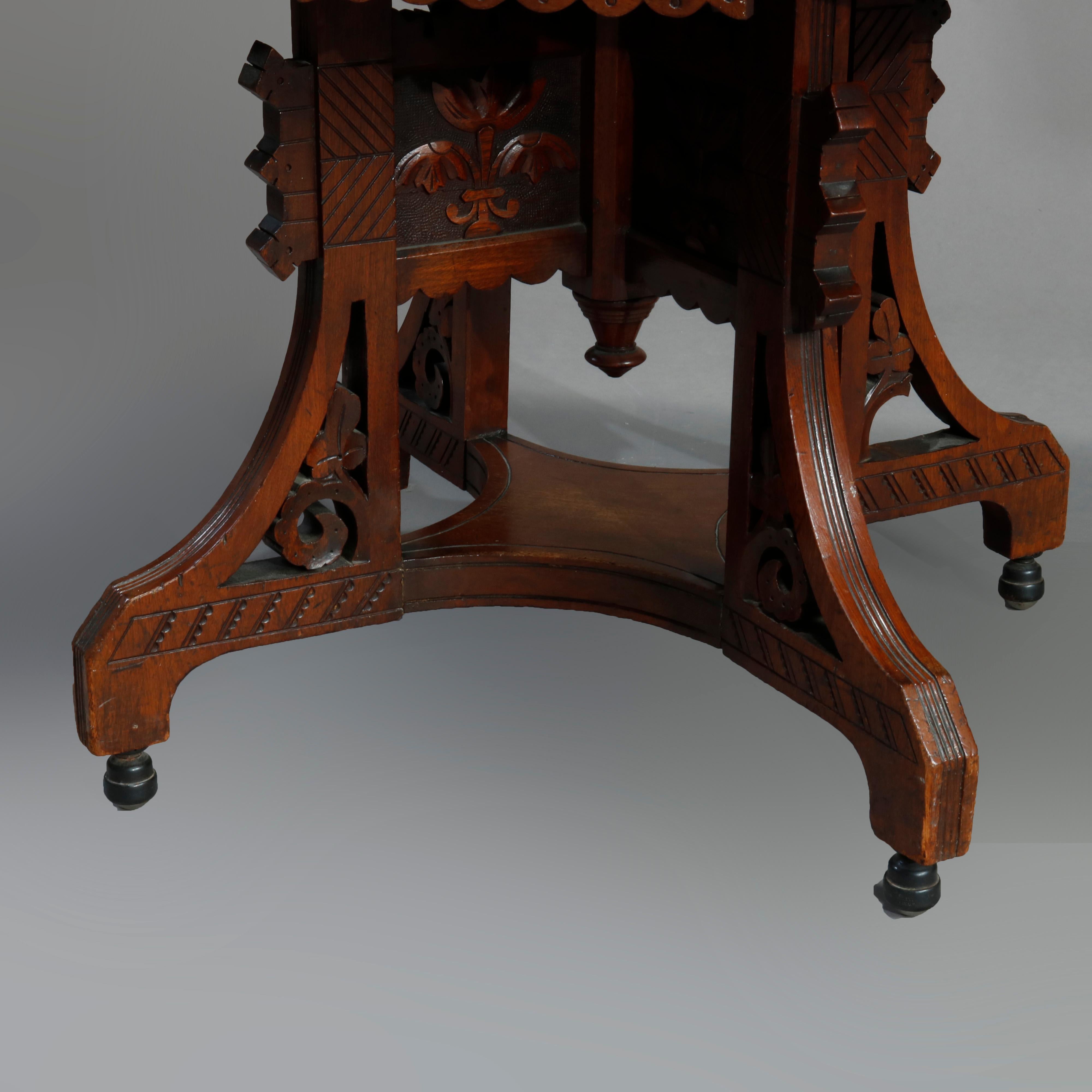 Wood Antique Ornate Eastlake Carved Walnut, Burl & Marble Coffee Table, Circa 1890
