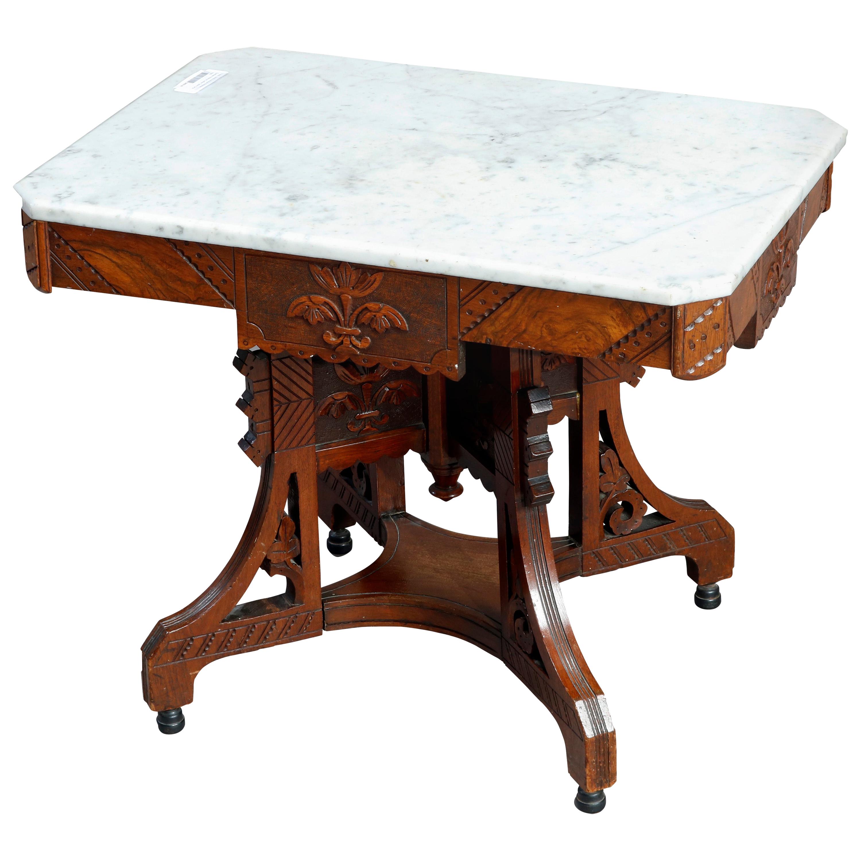Antique Ornate Eastlake Carved Walnut, Burl & Marble Coffee Table, Circa 1890