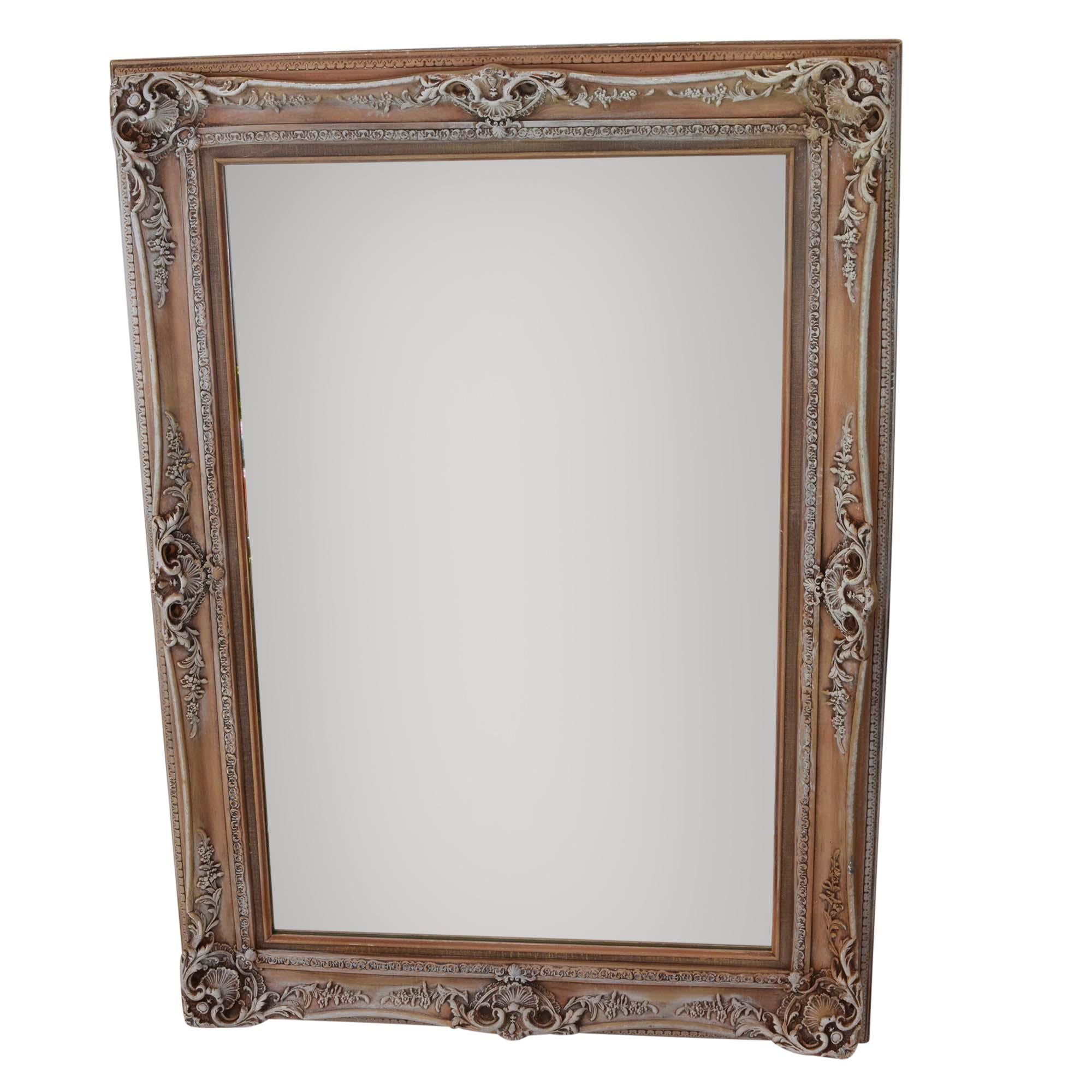 Truly unique antique frames that have been updated with new mirrors. The frames feature three dimensional detail and a narrow taupe color fabric mat on the interior. 

Dimensions: Each measures 44