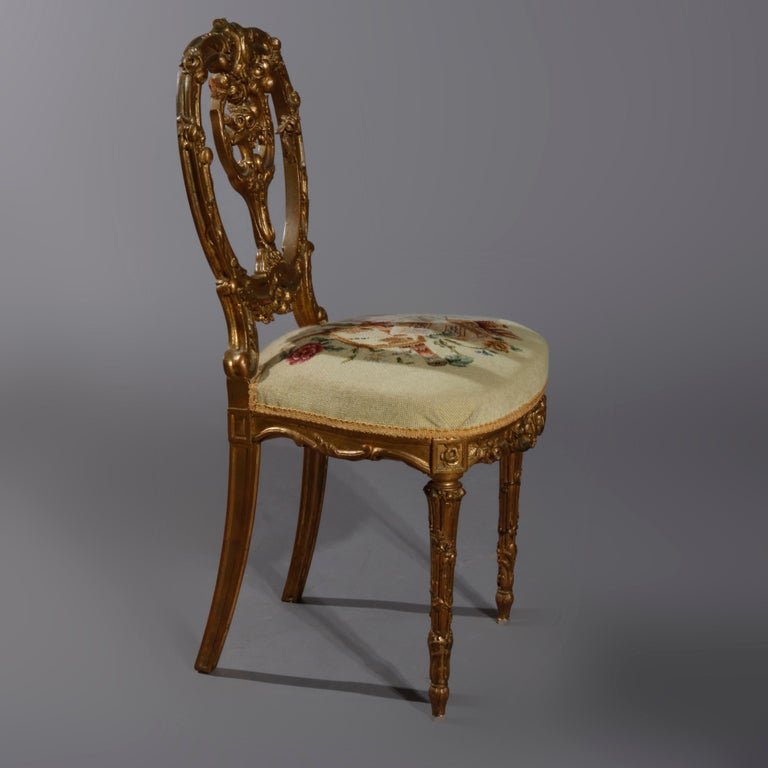 Antique Ornate French Louis XIV Carved Giltwood and Needlepoint Side