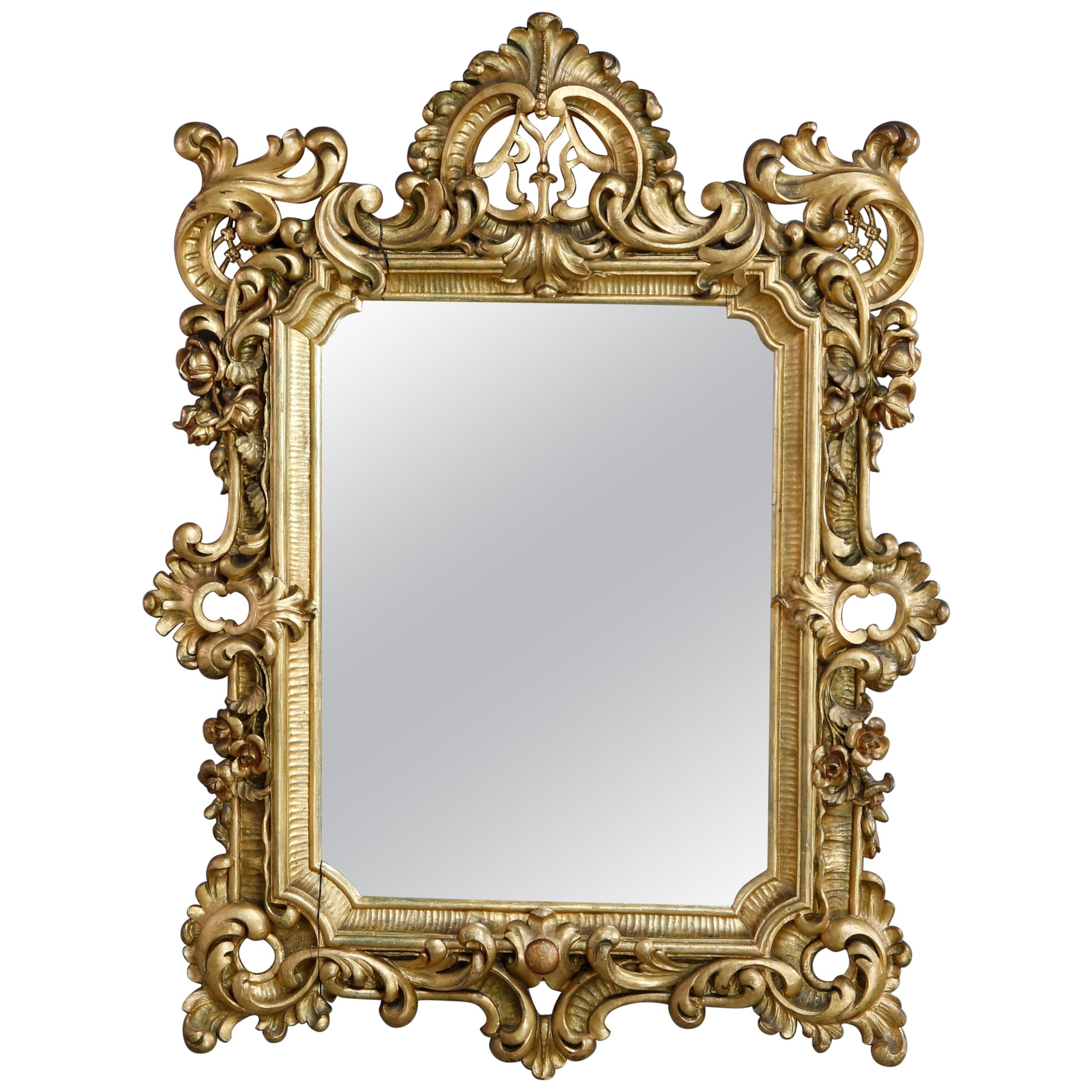 Antique Ornate French Louis XIV Style Giltwood Wall Mirror, Circa 1900