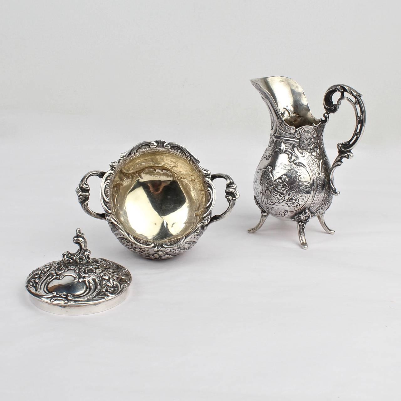 Repoussé Antique Ornate German 800 Silver Creamer & Sugar Set by J. Riemann For Sale