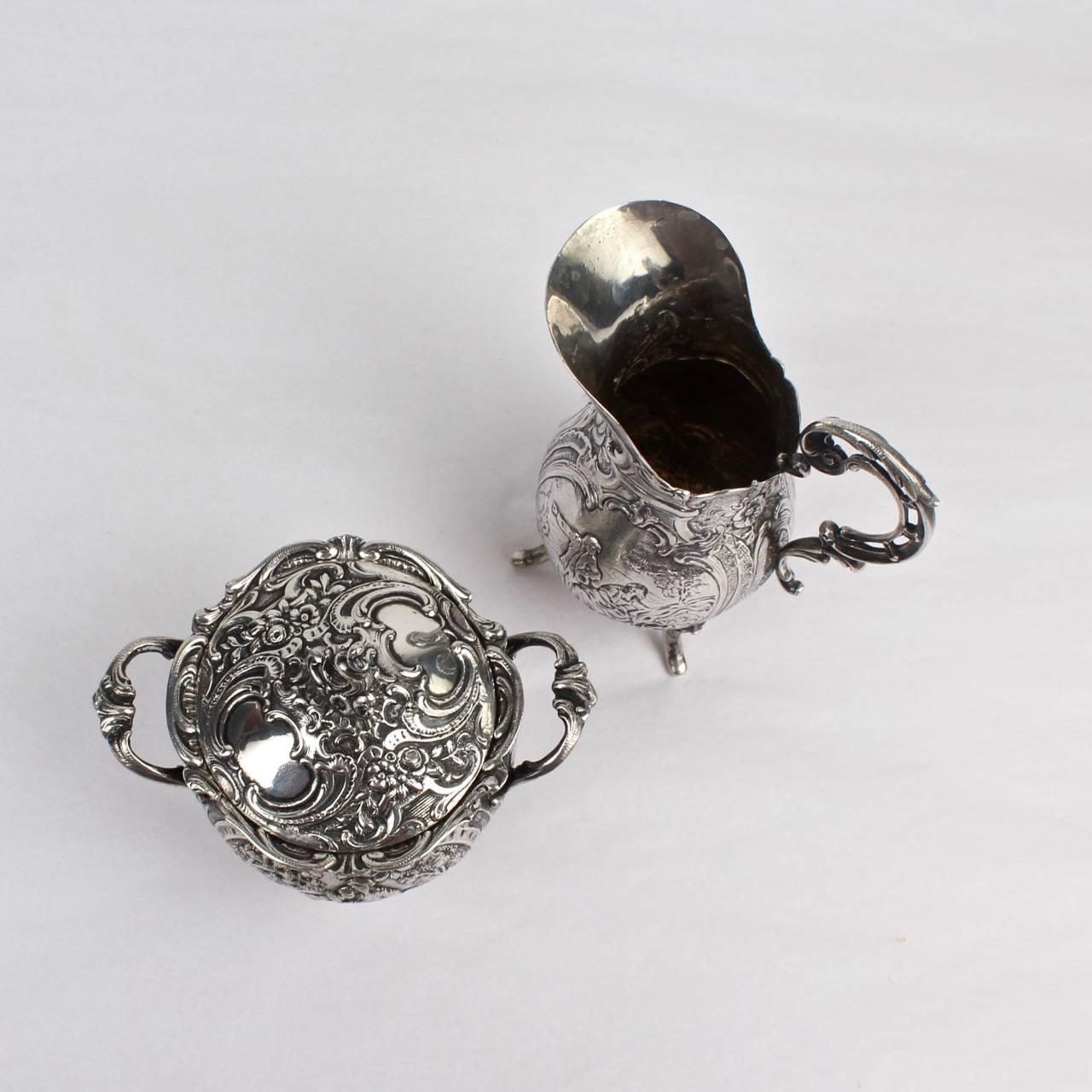 Antique Ornate German 800 Silver Creamer & Sugar Set by J. Riemann In Good Condition For Sale In Philadelphia, PA