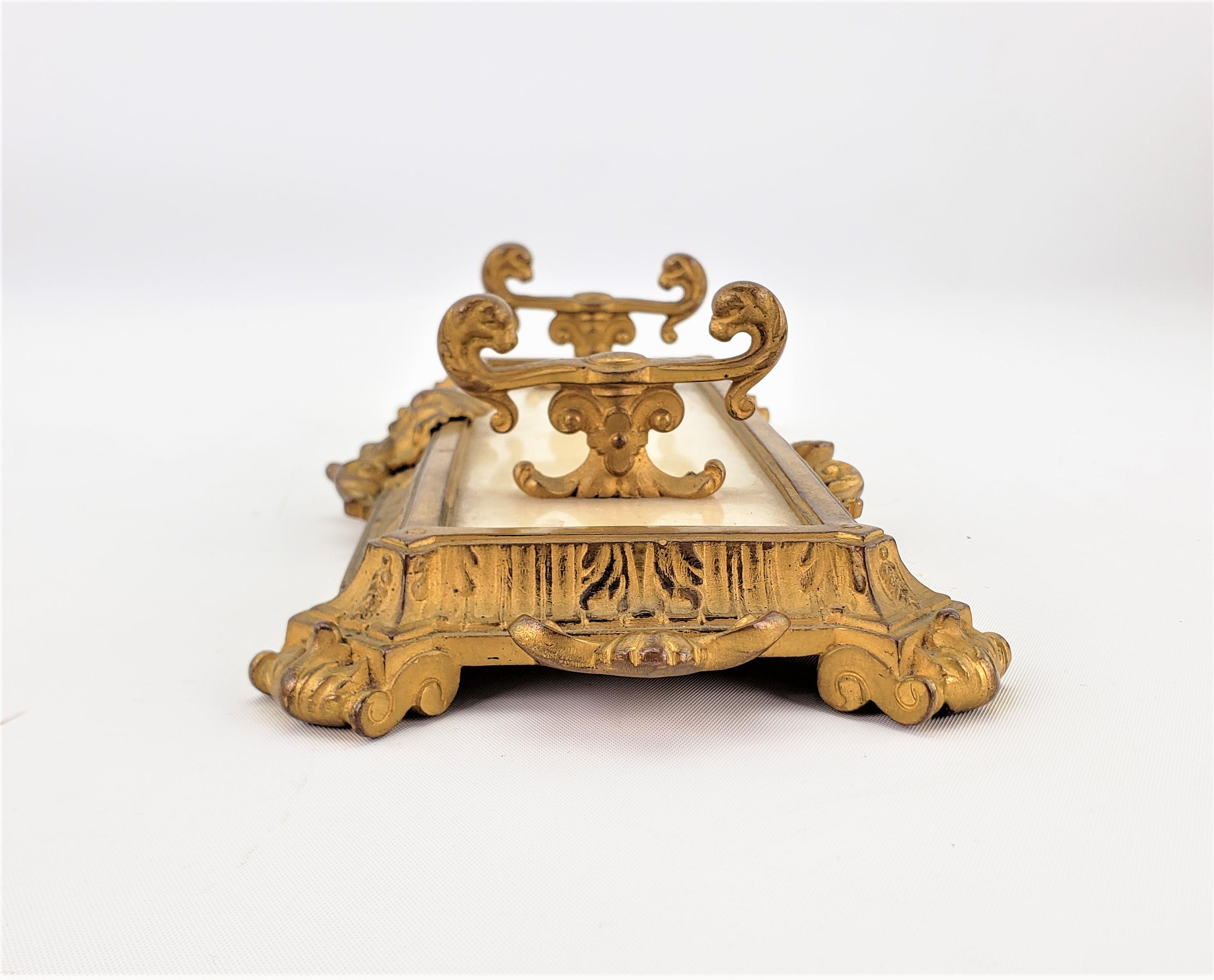 Antique Ornate Gilt Bronze Pen Rest or Holder with Onyx Base & Floral Decoration In Good Condition For Sale In Hamilton, Ontario